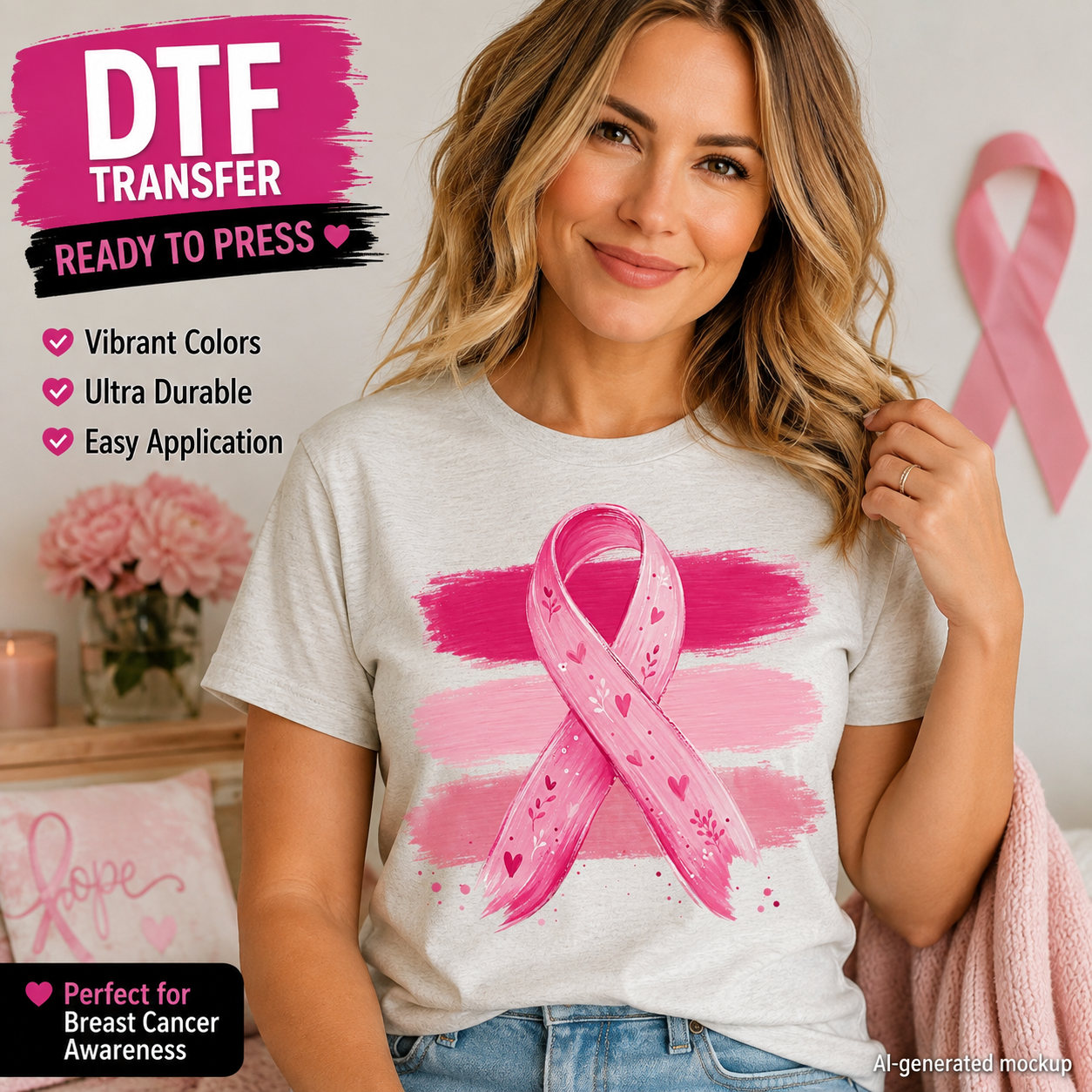 A woman wearing a light gray T-shirt with a pink breast cancer awareness ribbon graphic, posed in a softly styled room with pink decor and text overlays describing DTF transfer features.