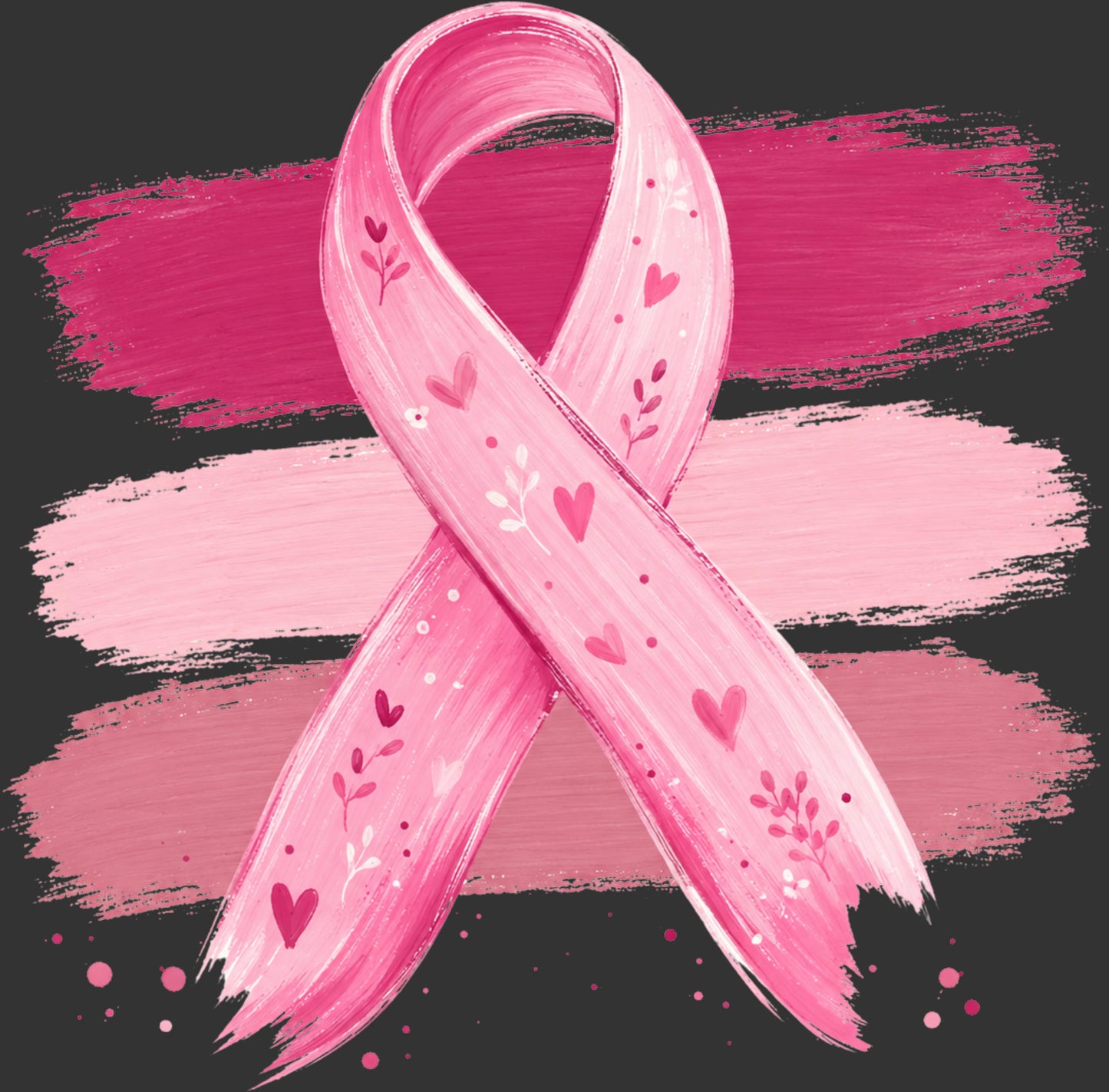 A pink awareness ribbon with small heart and leaf motifs, centered over horizontal pink brushstroke bands on a dark gray background.