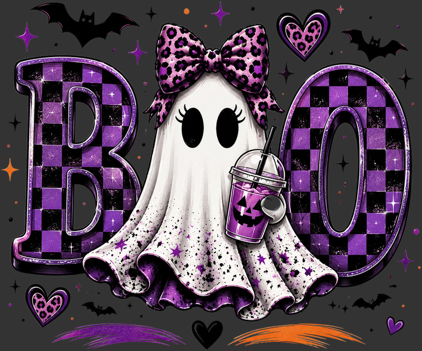 Halloween graphic design featuring a cute cartoon ghost with eyelashes, a purple leopard-print bow, and a purple drink cup, flanked by large checkered 'BO' letters on a dark gray background with bats, stars, and hearts.