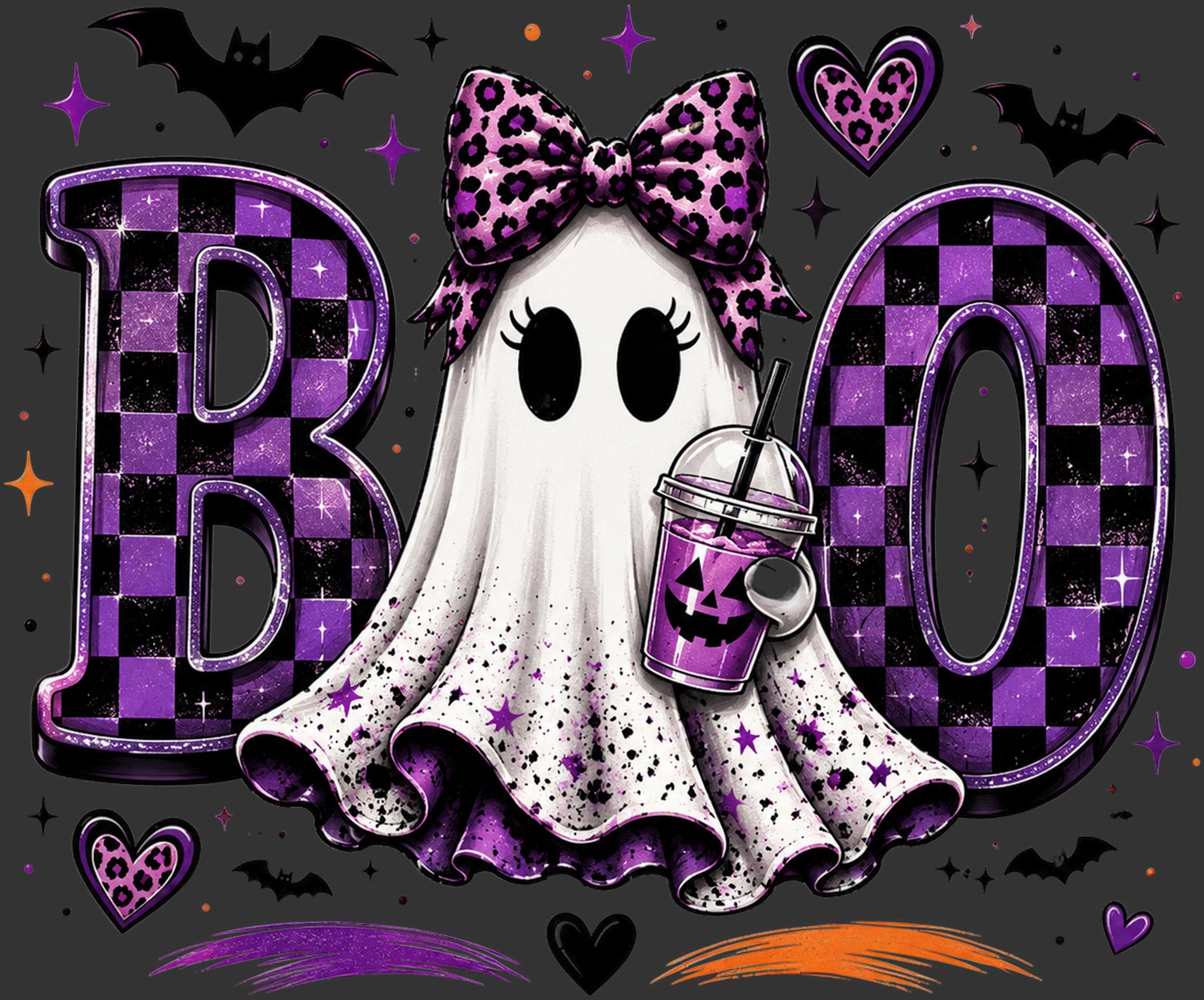 Halloween graphic design featuring a cute cartoon ghost with eyelashes, a purple leopard-print bow, and a purple drink cup, flanked by large checkered 'BO' letters on a dark gray background with bats, stars, and hearts.