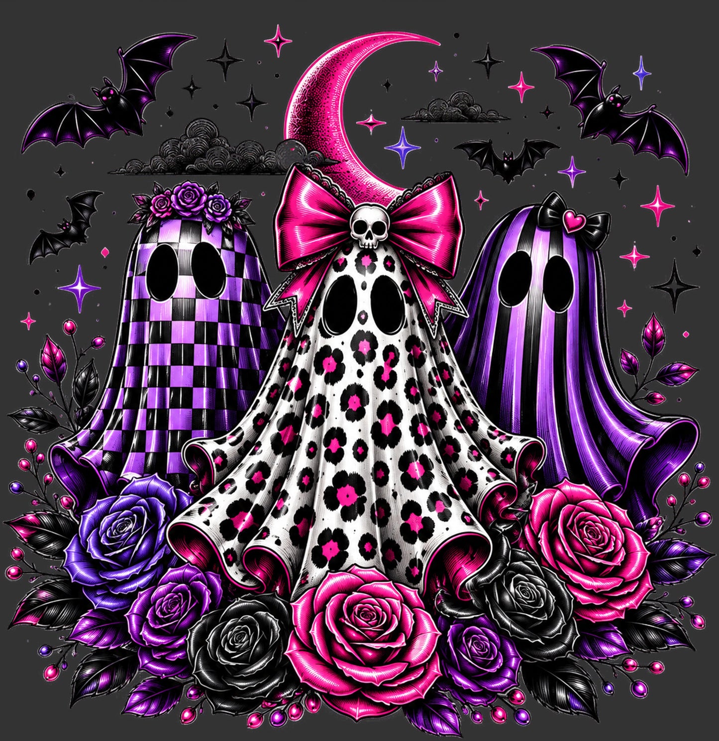 Gothic Halloween illustration featuring three ghost figures in purple and black patterns, surrounded by pink and black roses, bats, stars, and a crescent moon on a dark gray background.