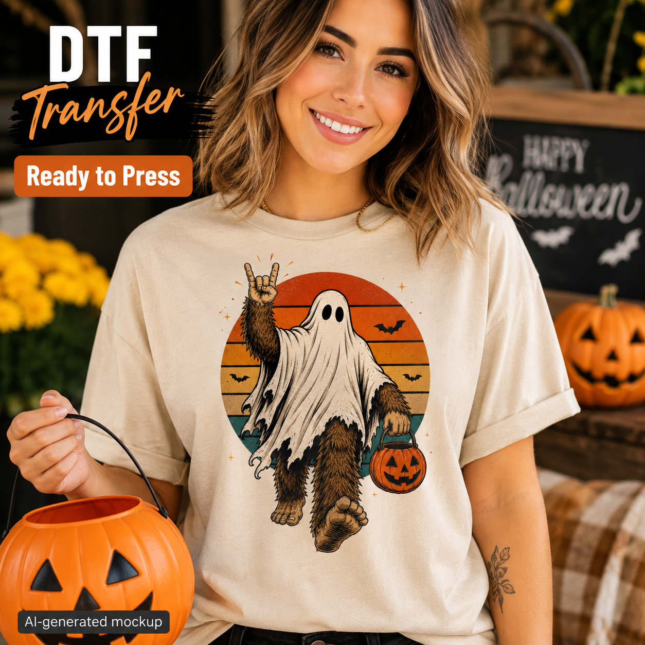 A woman wearing a beige graphic T-shirt with a Halloween design featuring a ghostly figure, a jack-o'-lantern, and bats over a sunset. The image includes promotional text overlays reading 'DTF Transfer', 'Ready to Press', and 'AI-generated mockup' with a pumpkin bucket and fall decorations in the background.