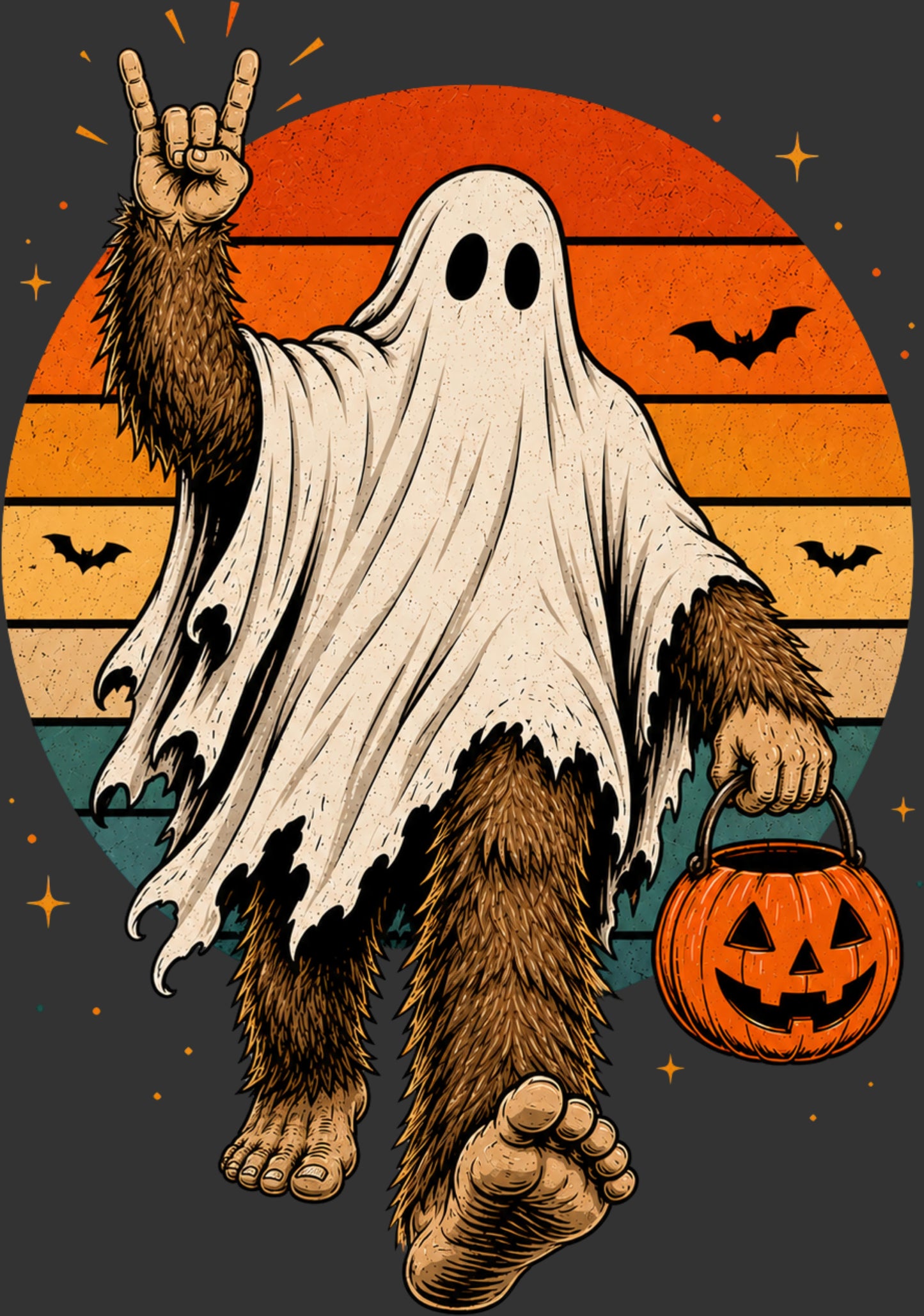 A stylized Halloween illustration of a furry ghost-like figure in a torn white sheet, making a rock-on gesture with one hand and holding a jack-o'-lantern bucket. The figure stands in front of a retro orange sunset with bats and stars on a dark gray background.