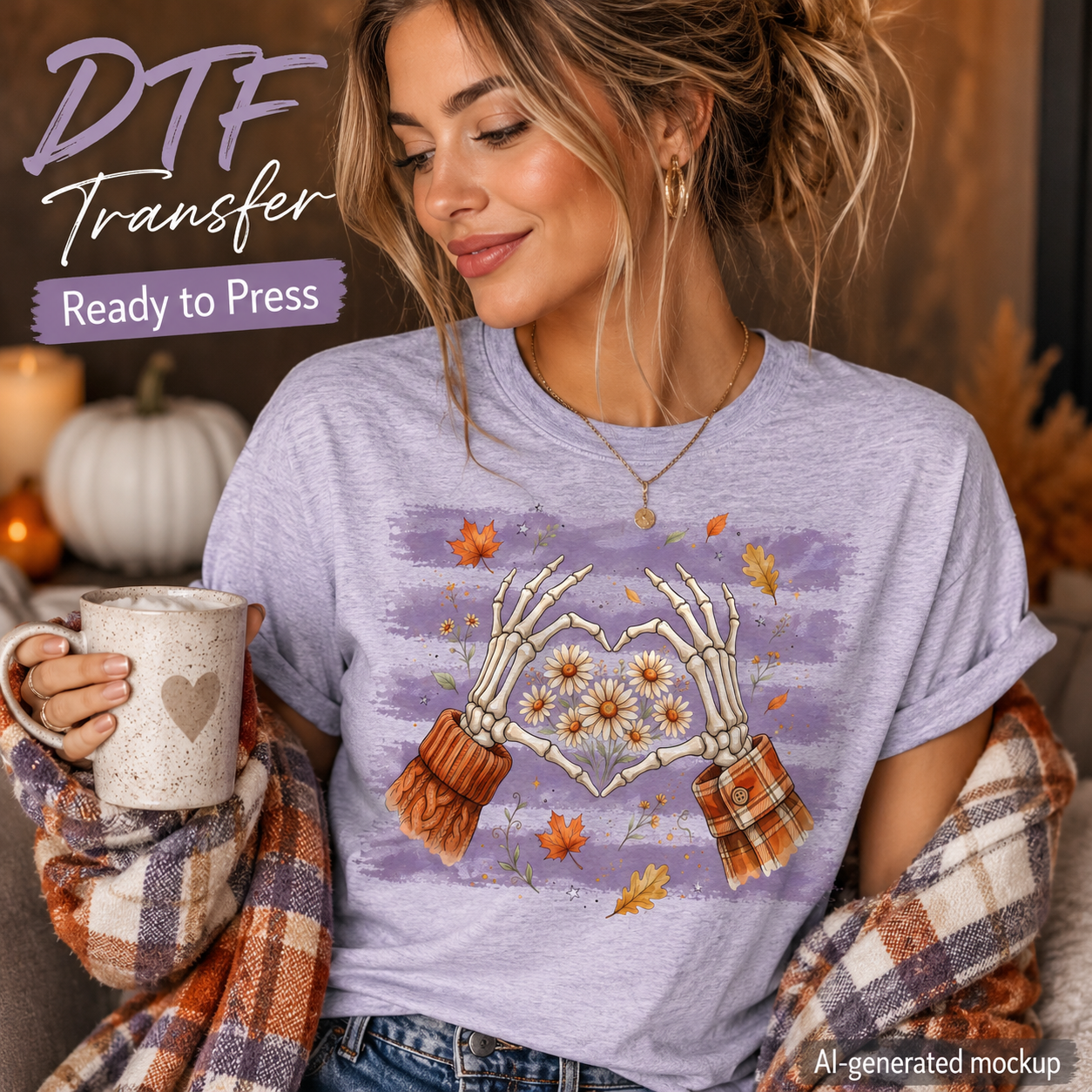 A woman wearing a light lavender heather t-shirt with a 'Ready to Press' DTF transfer mockup graphic of skeleton hands forming a heart with daisies. She is holding a mug and wearing a plaid shawl in a cozy indoor setting.