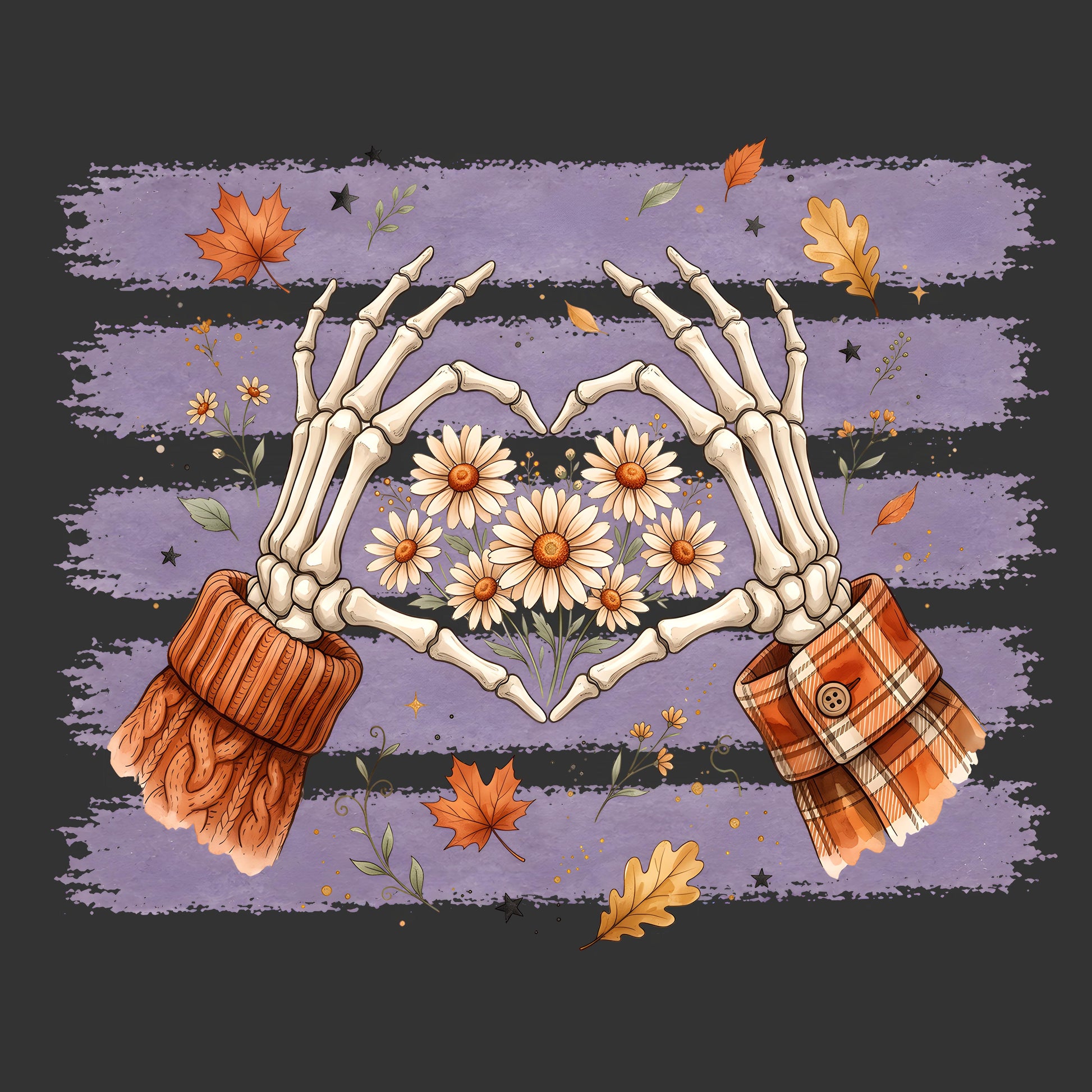 Skeleton hands forming heart with daisies and autumn leaves ready to press DTF transfer