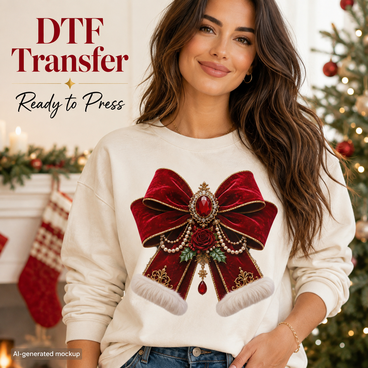 A woman wearing a cream-colored sweatshirt with a large red velvet bow and Christmas ornament graphic on the front, set against a festive holiday background with a lit Christmas tree and stockings. Text overlays read 'DTF Transfer' and 'Ready to Press'.