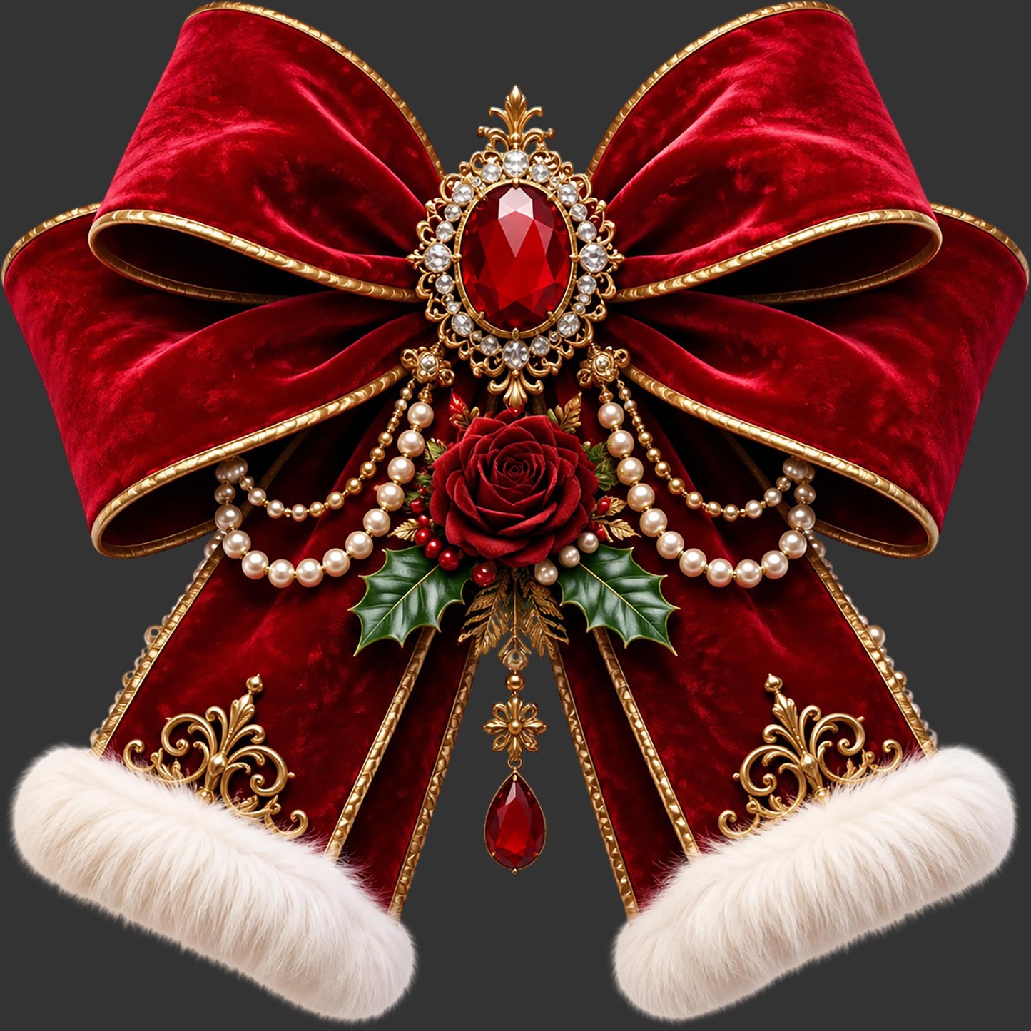A large festive red velvet bow with gold trim, white faux-fur cuffs, a red rose, holly leaves, pearl beads, and a jeweled red center on a dark gray background.