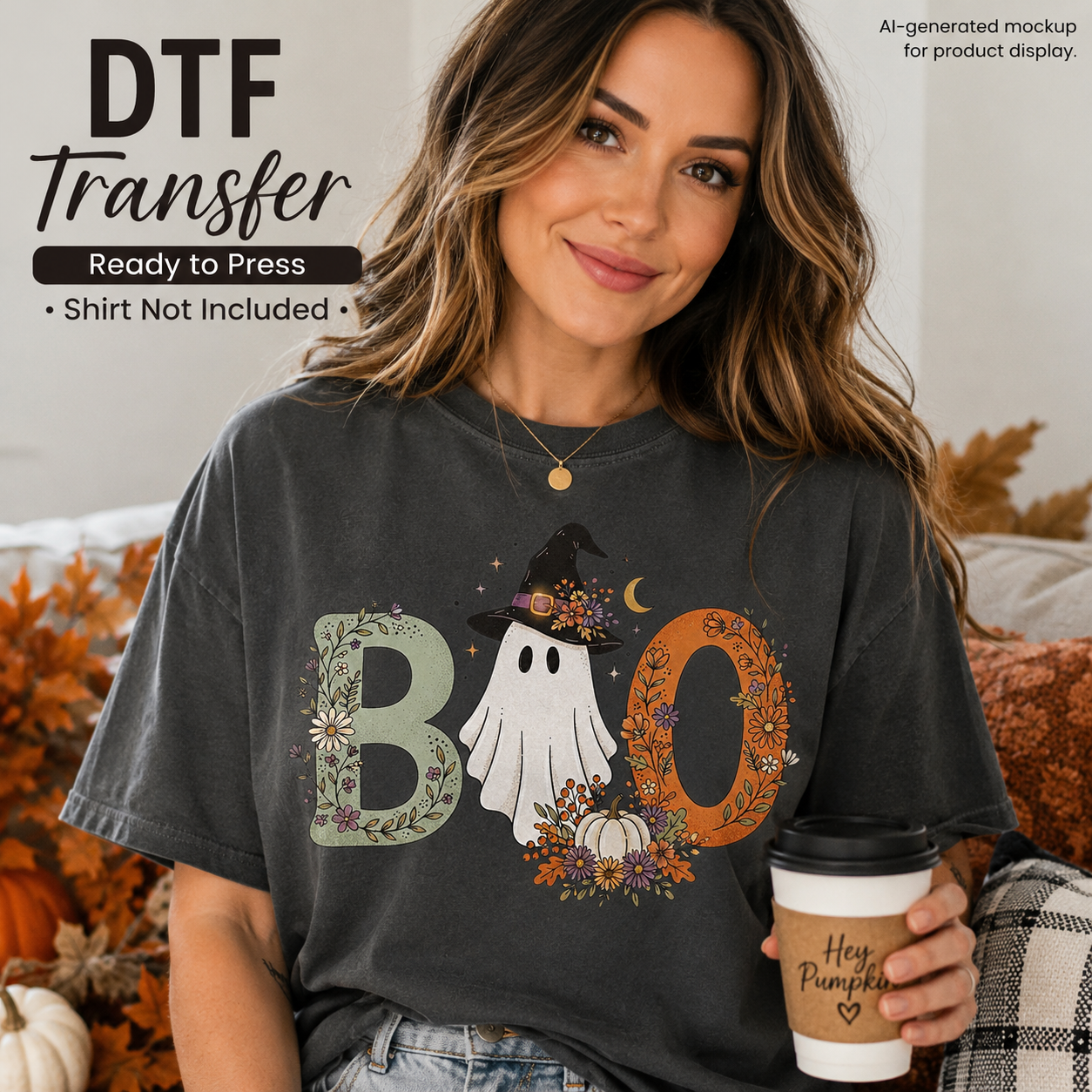 A woman wearing a charcoal gray T-shirt with a 'BOO' Halloween graphic featuring a ghost, pumpkin, and floral details, holding a coffee cup in a cozy indoor setting. Text on the left reads 'DTF Transfer Ready to Press Shirt Not Included' and text on the top right says 'AI-generated mockup for product display.