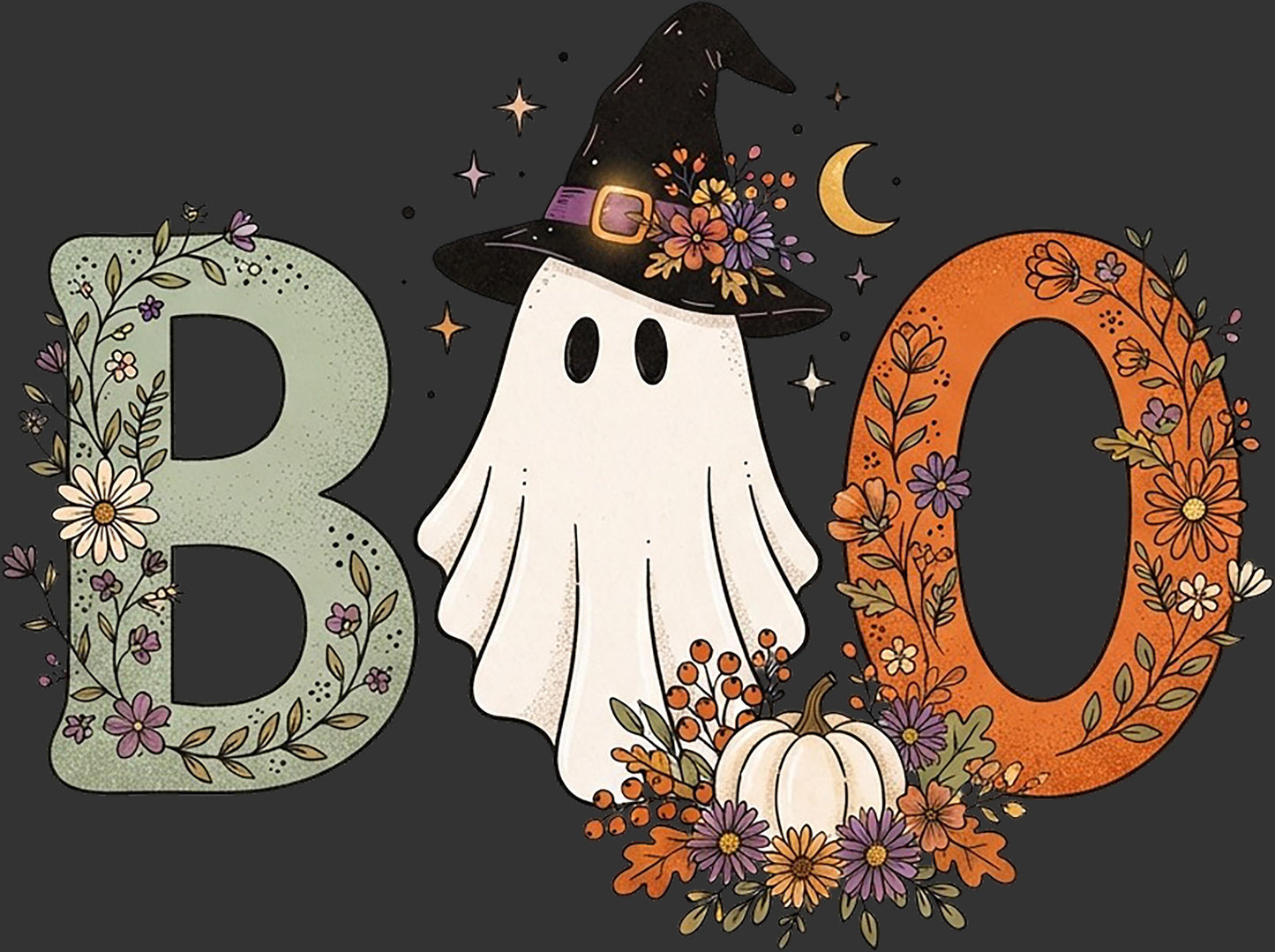 Halloween graphic featuring the word 'BOO' in large decorative letters, with a white ghost wearing a black witch hat in the center, flowers and pumpkins at the base, and a dark gray background.