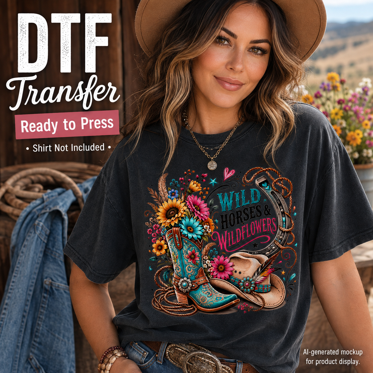 A woman wearing a dark charcoal graphic T-shirt with a colorful western design featuring cowboy boots, flowers, a horseshoe, and the words 'Wild Horses & Wildflowers.' Large text on the left reads 'DTF Transfer Ready to Press' and notes the shirt is not included.