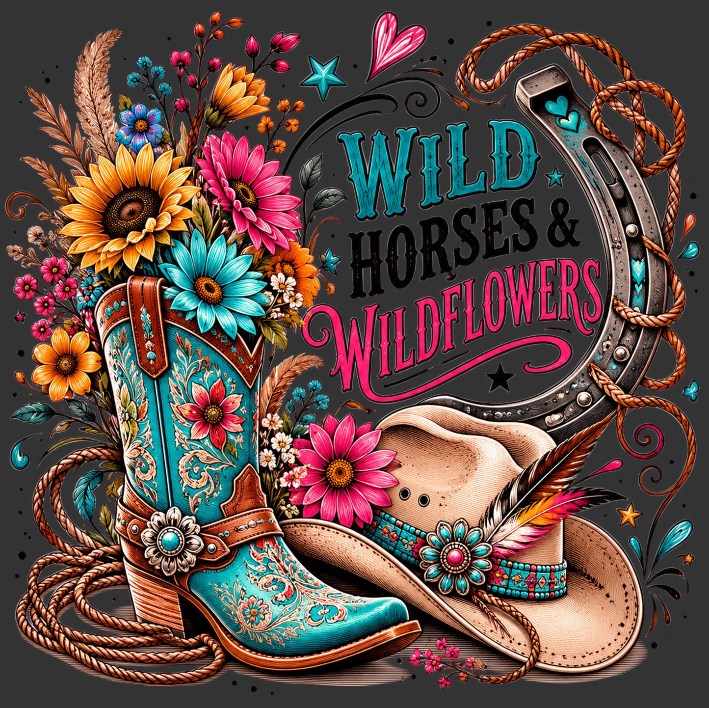 A stylized Western-themed graphic with turquoise cowboy boots, a tan hat, lasso, flowers, and a horseshoe around the text 'WILD HORSES & WILDFLOWERS' on a dark gray background.