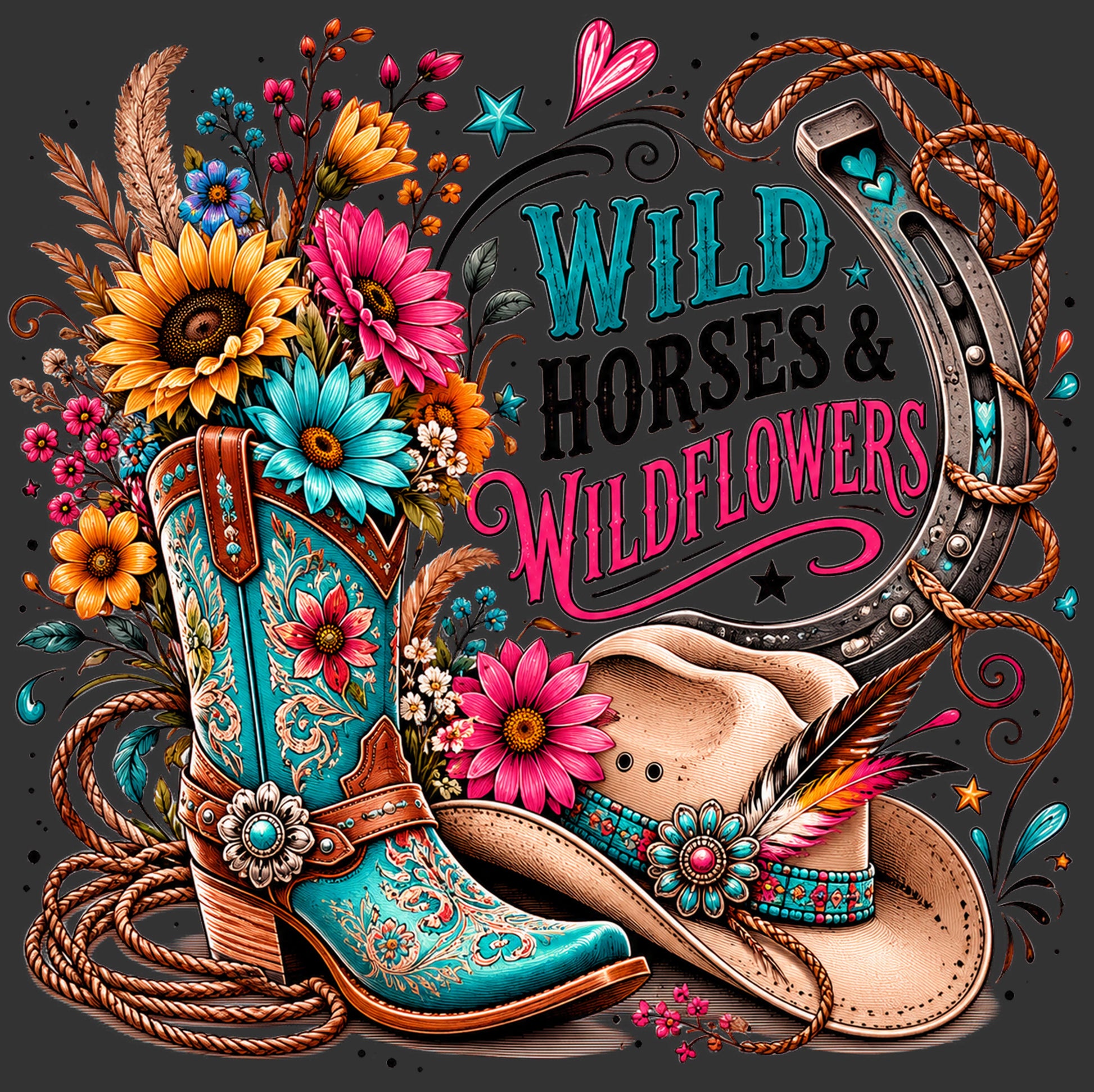 A stylized Western-themed graphic with turquoise cowboy boots, a tan hat, lasso, flowers, and a horseshoe around the text 'WILD HORSES & WILDFLOWERS' on a dark gray background.