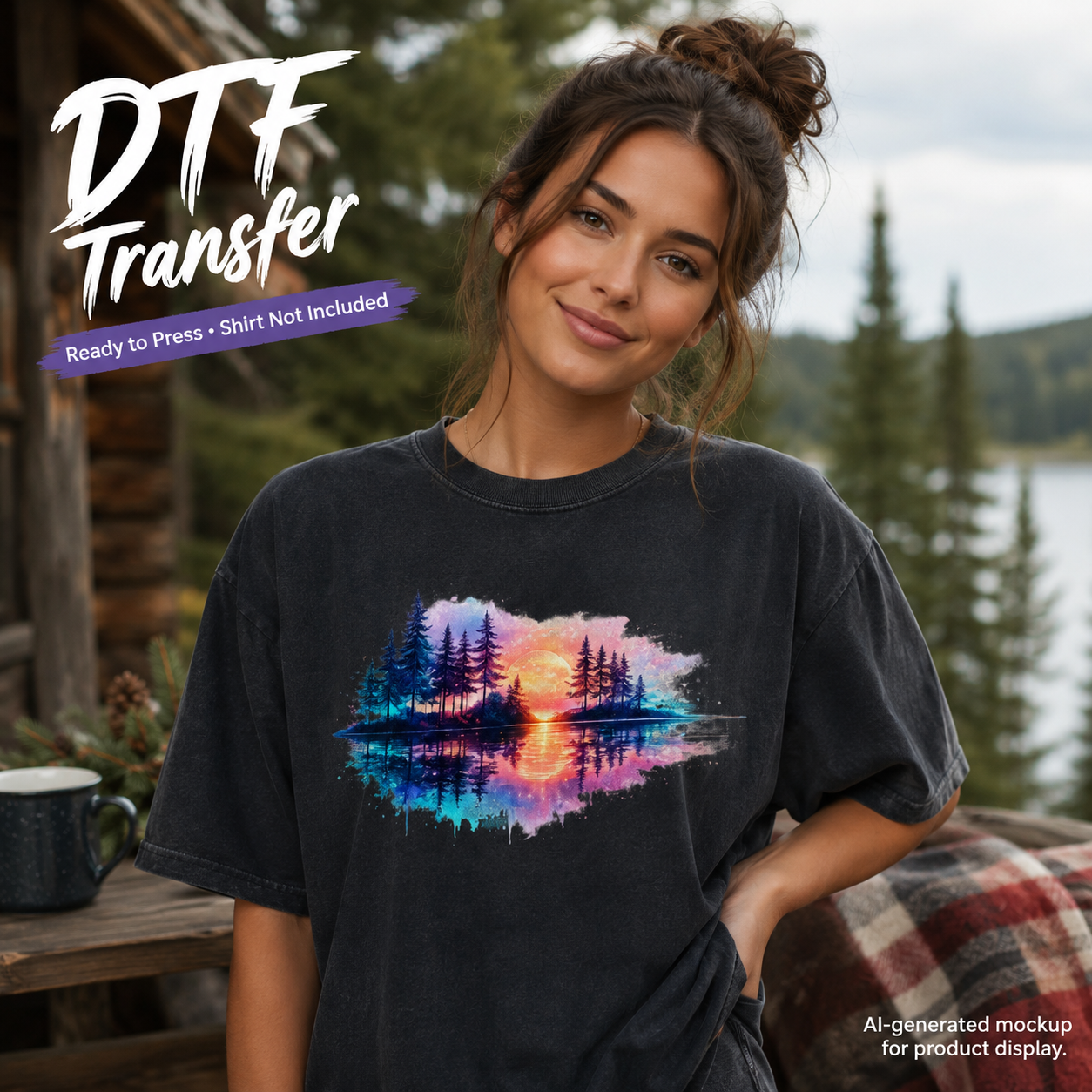 A woman wearing a faded black graphic t-shirt with a colorful forest and lake sunset print, posed outdoors in front of a rustic cabin and lake background. Text overlays read 'DTF Transfer' and 'Ready to Press + Shirt Not Included'.