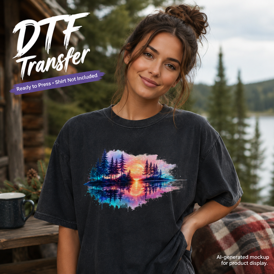 A woman wearing a faded black graphic t-shirt with a colorful forest and lake sunset print, posed outdoors in front of a rustic cabin and lake background. Text overlays read 'DTF Transfer' and 'Ready to Press + Shirt Not Included'.