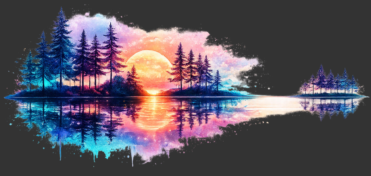 A colorful digital artwork of pine trees on small islands reflected in calm water, with a glowing orange sun and pink, purple, and blue sky on a dark background.