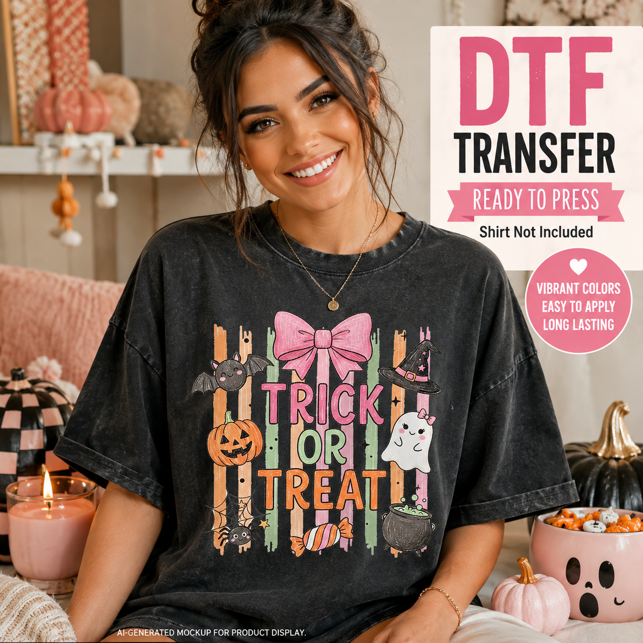 A woman wearing a black graphic T-shirt with a Halloween 'Trick or Treat' design, seated in a cozy decorated room with pumpkins, candles, and a promotional text overlay for a DTF transfer.