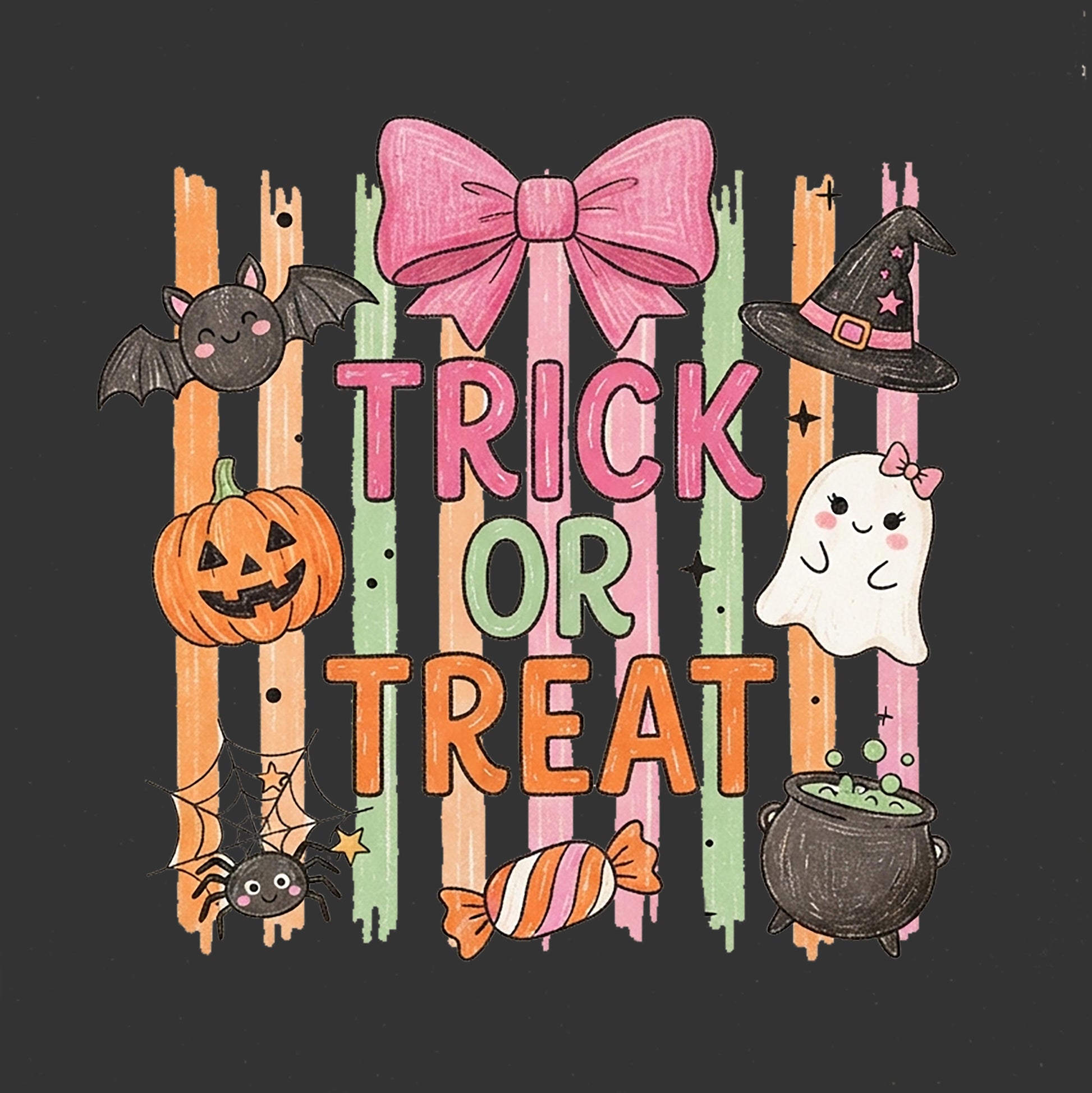 A Halloween-themed graphic design featuring the words 'TRICK OR TREAT' in colorful lettering, surrounded by cute illustrations of a pink bow, a jack-o'-lantern, a ghost, a witch hat, spiders, a cauldron, and candy on a dark charcoal background.