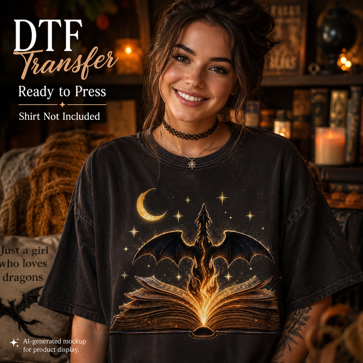 A woman wearing a black graphic T-shirt with a glowing open book and dragon design on the front, photographed in a cozy indoor setting with warm lights and shelves in the background. Text on the image reads 'DTF Transfer Ready to Press Shirt Not Included'.