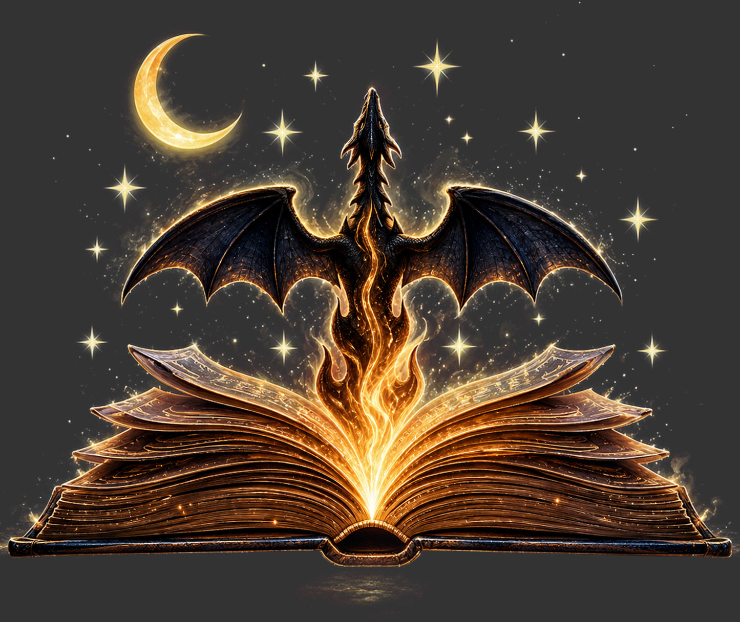 A fantasy illustration of an open ancient book with glowing golden pages, from which a black dragon-like creature rises like flames or wings. The scene is set against a dark starry sky with a crescent moon.