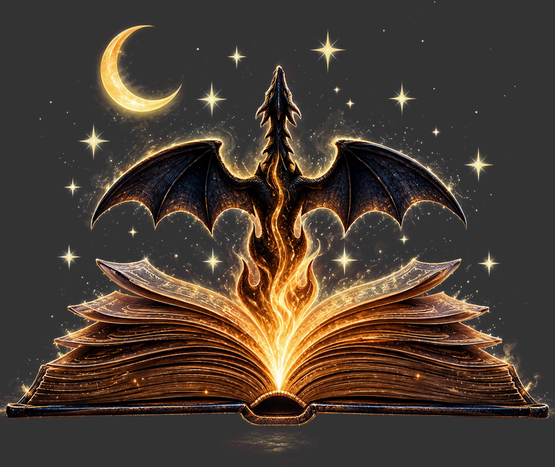 A fantasy illustration of an open ancient book with glowing golden pages, from which a black dragon-like creature rises like flames or wings. The scene is set against a dark starry sky with a crescent moon.