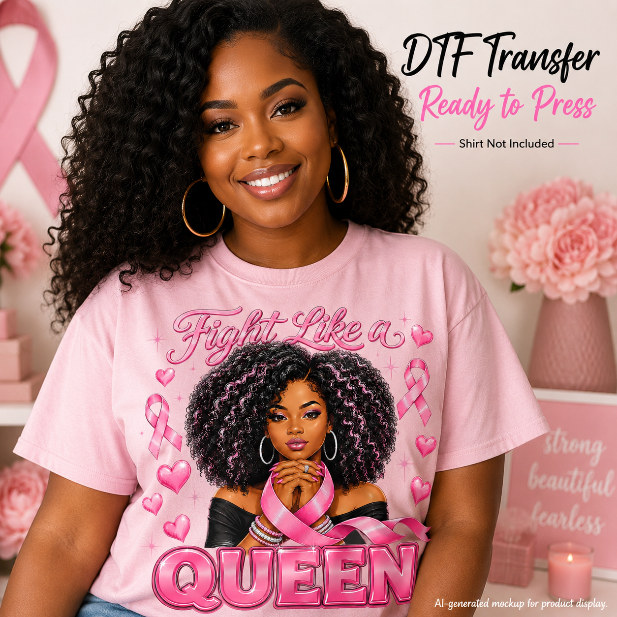 A smiling woman with curly black hair wears a light pink graphic T-shirt featuring a stylized portrait, pink heart shapes, and the words 'Fight Like a Queen' with a large pink 'QUEEN' at the bottom. The background is a softly styled pink room with flowers and candles.
