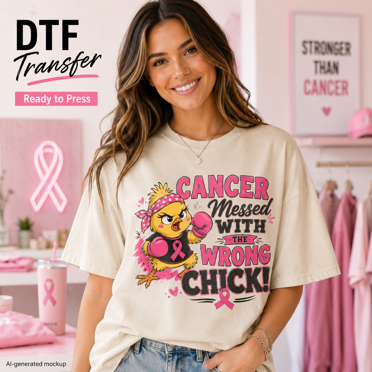 A woman wearing a beige graphic T-shirt with a colorful cartoon chick and the text 'CANCER Messed WITH THE WRONG CHICK!' in pink, black, and yellow. The background is a pink retail boutique setting with breast cancer awareness decor, and text overlays read 'DTF Transfer' and 'Ready to Press'.