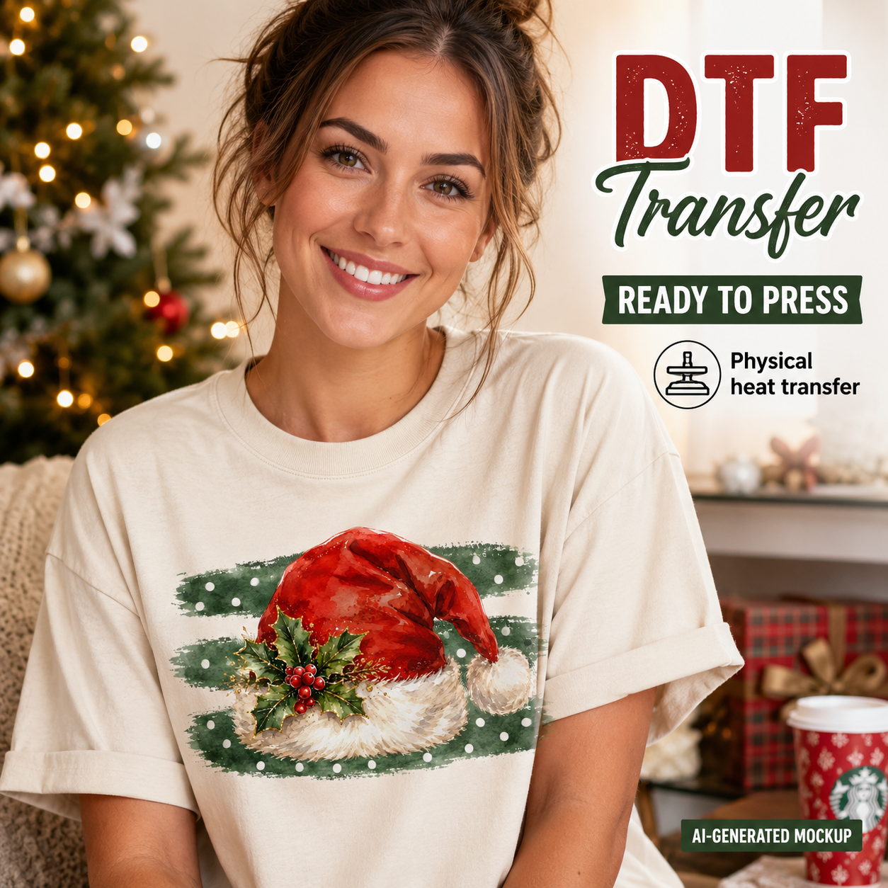 A smiling woman wearing a cream-colored t-shirt with a printed graphic of a red Santa hat on a green brushstroke background. The image features promotional text overlays reading 'DTF Transfer', 'READY TO PRESS', and 'Physical heat transfer' on the right side, with a decorated Christmas tree and wrapped gifts in the background.
