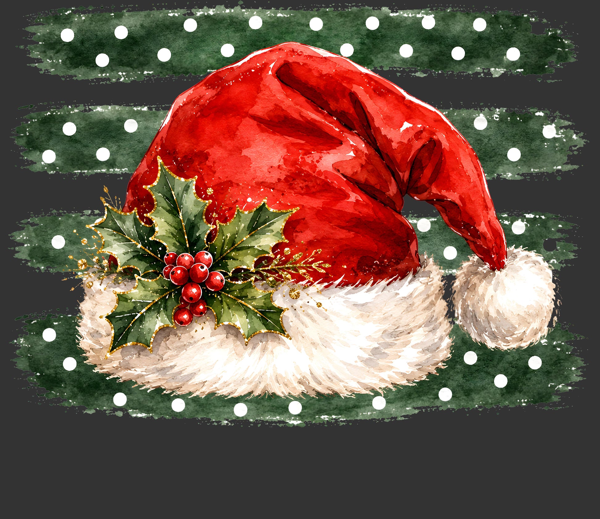 A festive watercolor-style Santa hat with a red crown, white faux-fur trim, and a holly sprig with red berries on the side, set against a dark gray background with green and white polka-dot brushstroke bands.