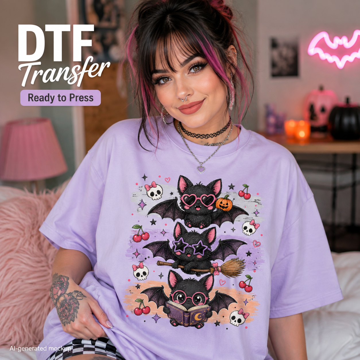 A woman wearing a lavender graphic T-shirt with three cute cartoon bats and Halloween-themed illustrations, posed in a cozy bedroom setting with a pink lamp and neon lights in the background. Text overlays read 'DTF Transfer' and 'Ready to Press'.