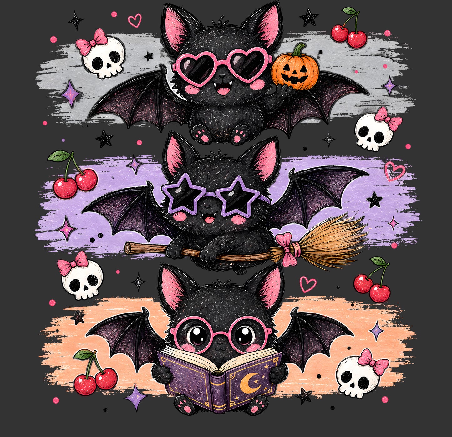 A Halloween-themed graphic illustration featuring three cute black bats in different poses: one wearing heart-shaped sunglasses and holding a pumpkin, one wearing star-shaped sunglasses and holding a broom, and one wearing round glasses and reading a book. The background has a dark gray base with horizontal pastel stripes in gray, purple, and peach, decorated with skulls, cherries, stars, and sparkles.
