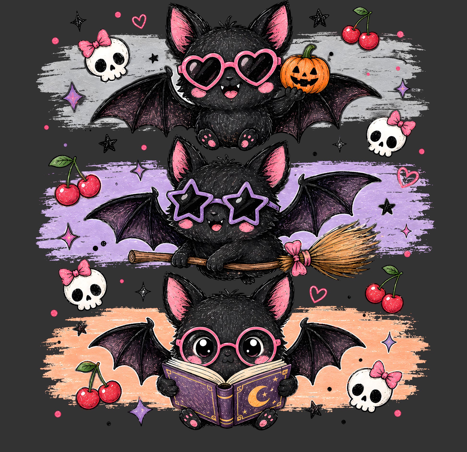 A Halloween-themed graphic illustration featuring three cute black bats in different poses: one wearing heart-shaped sunglasses and holding a pumpkin, one wearing star-shaped sunglasses and holding a broom, and one wearing round glasses and reading a book. The background has a dark gray base with horizontal pastel stripes in gray, purple, and peach, decorated with skulls, cherries, stars, and sparkles.