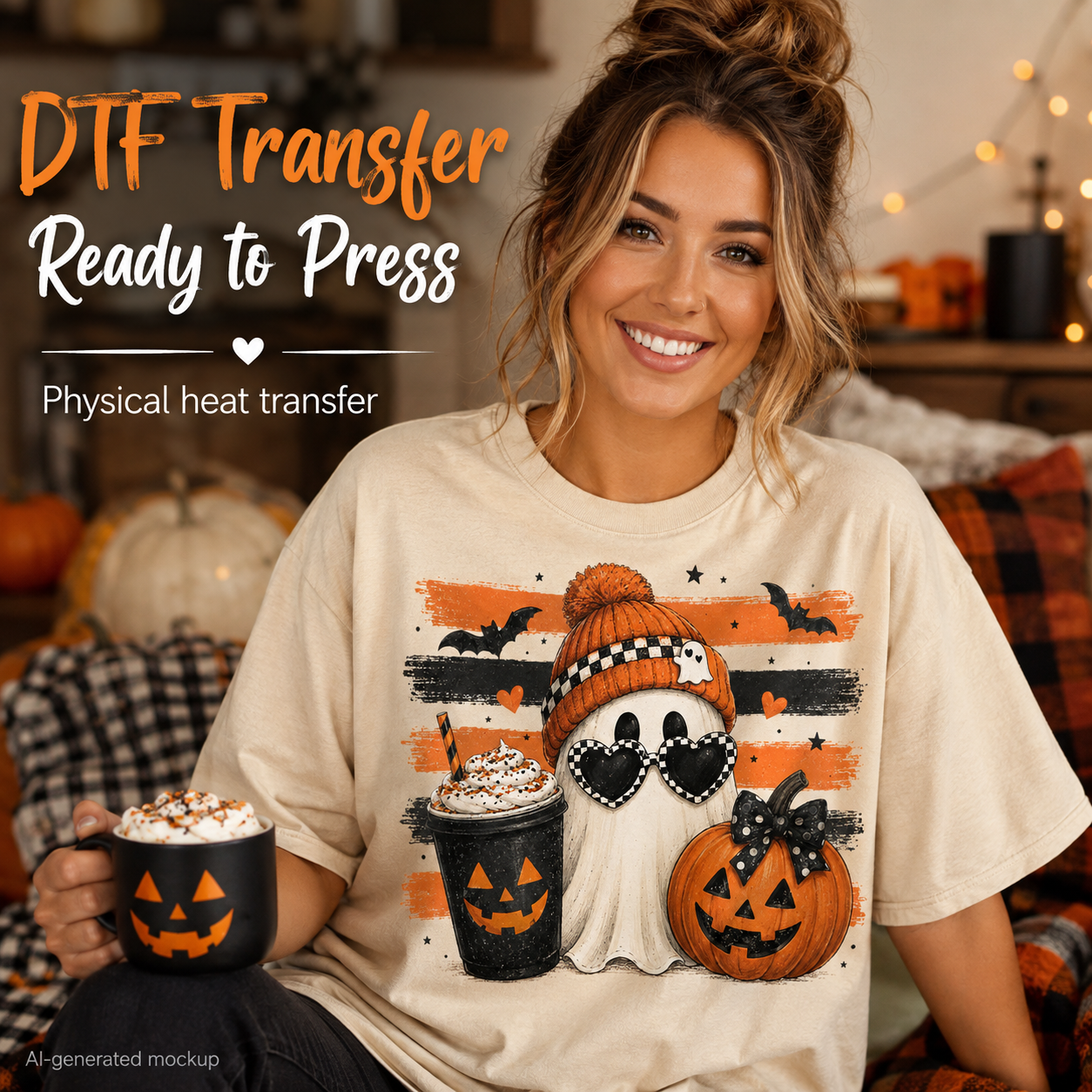 A woman wearing a cream-colored t-shirt with a Halloween graphic print featuring a ghost, pumpkin, and hot cocoa. She is holding a black mug with a jack-o'-lantern design.