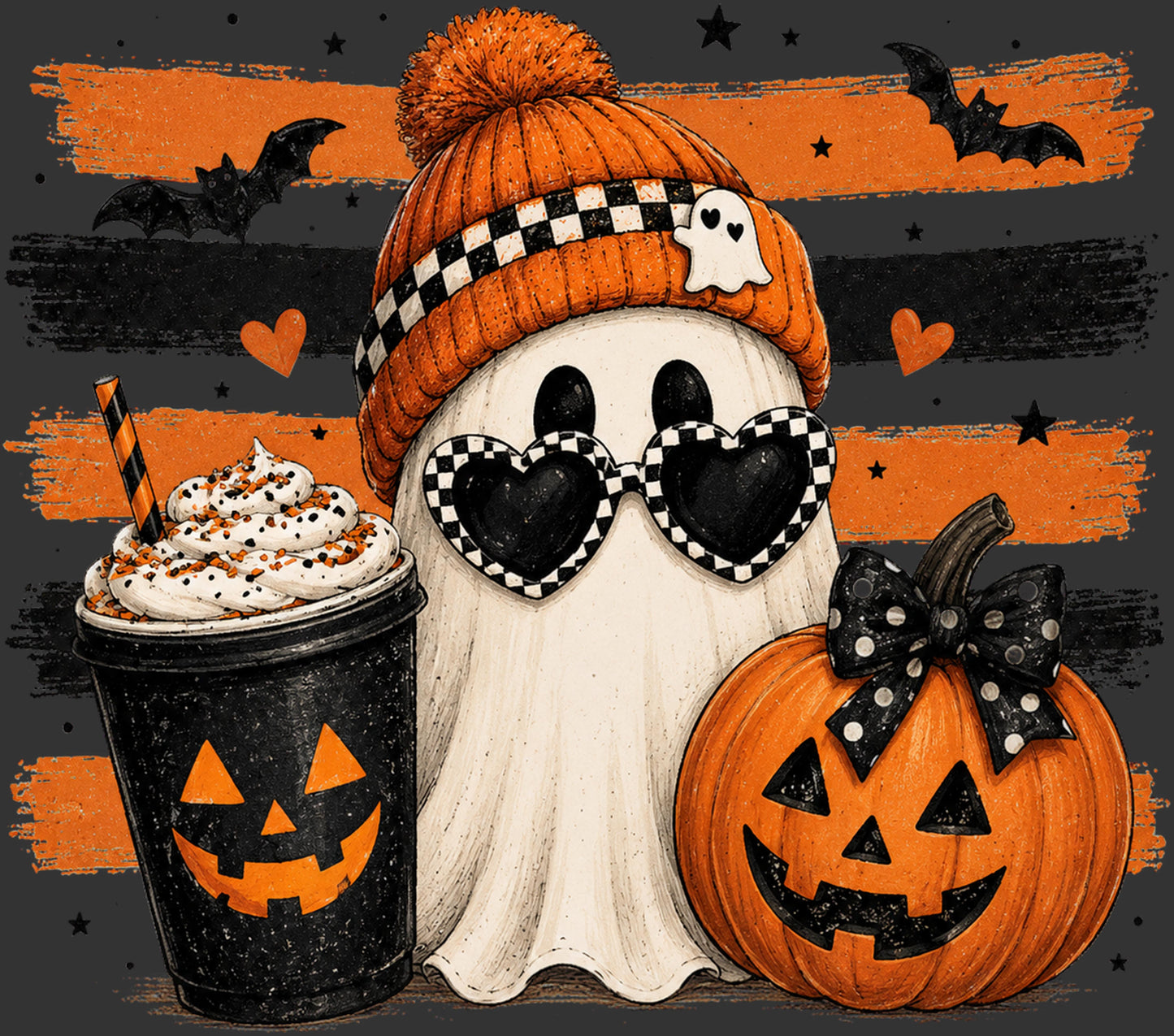 Halloween-themed illustration featuring a ghost character in an orange knit beanie with a pom-pom, heart-shaped sunglasses, standing beside a jack-o'-lantern pumpkin and a whipped drink cup with a jack-o'-lantern face.