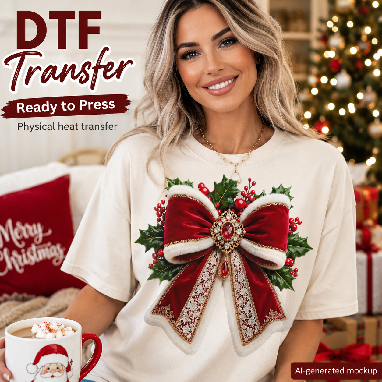 A woman wearing a cream-colored t-shirt with a large red and green Christmas bow graphic, set in a cozy holiday-themed room with a Christmas tree and presents in the background. Text overlays read 'DTF Transfer' and 'Ready to Press'.