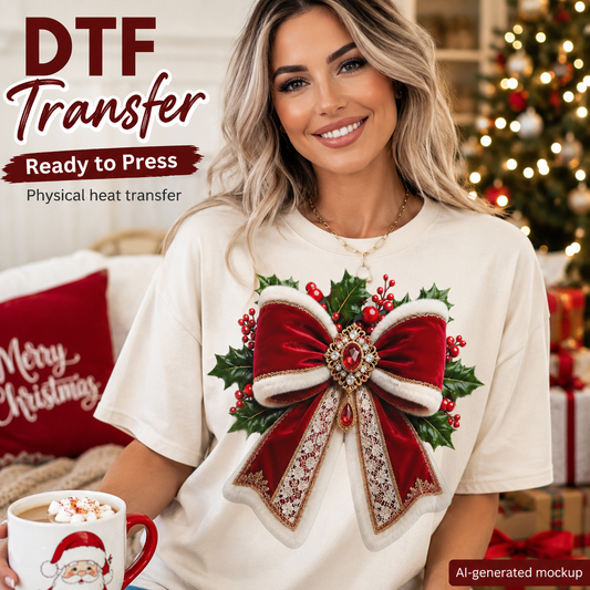 A woman wearing a cream-colored t-shirt with a large red and green Christmas bow graphic, set in a cozy holiday-themed room with a Christmas tree and presents in the background. Text overlays read 'DTF Transfer' and 'Ready to Press'.