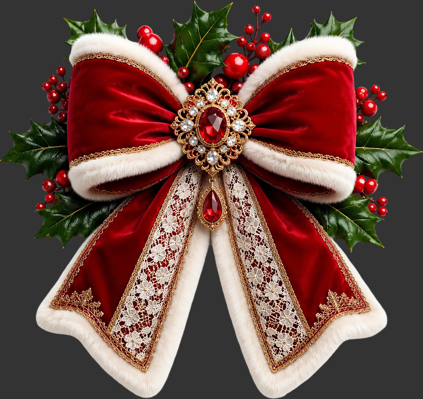 A large festive Christmas bow made of deep red velvet with white faux-fur trim, decorated with a jeweled red gem at the center and embroidered white lace panels with gold trim. The bow is surrounded by green holly leaves and red berries on a dark gray background.