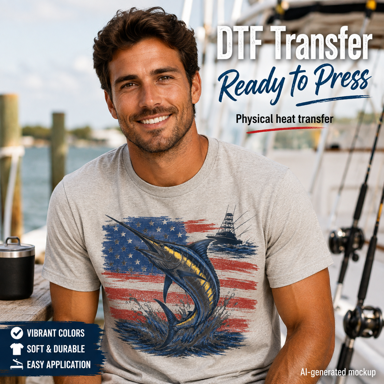 A smiling man wearing a light gray T-shirt with a large marlin and American flag graphic, posed on a boat deck. Text overlays read 'DTF Transfer Ready to Press' and 'Physical heat transfer,' with additional marketing text in the lower left.