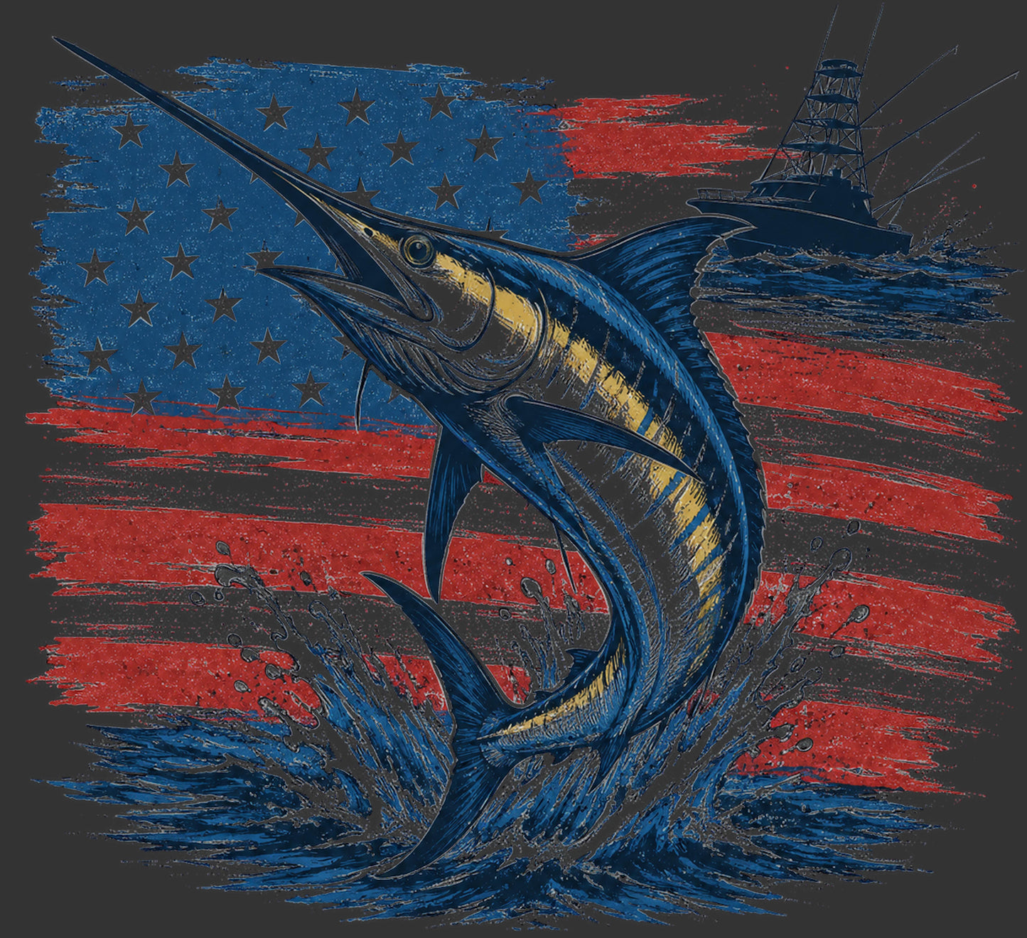 A stylized graphic print featuring a large blue and gold marlin jumping over water, with a distressed American flag in red, white, and blue behind it and a dark boat in the upper right. The artwork fills the frame on a dark background.