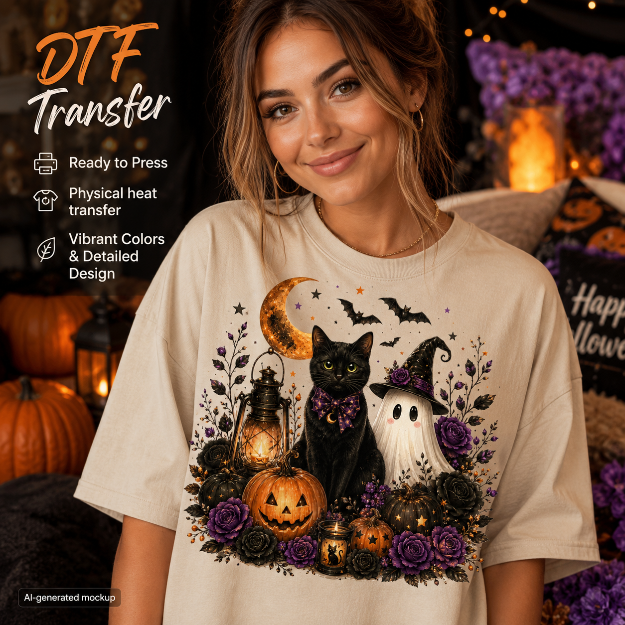 A woman wearing a cream-colored t-shirt with a detailed Halloween graphic print featuring a black cat, ghost, jack-o'-lanterns, and purple roses. The image includes promotional text overlays on the left side detailing 'DTF Transfer' features, and a festive background with pumpkins and warm lights.