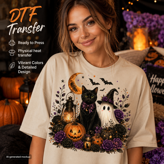 A woman wearing a cream-colored t-shirt with a detailed Halloween graphic print featuring a black cat, ghost, jack-o'-lanterns, and purple roses. The image includes promotional text overlays on the left side detailing 'DTF Transfer' features, and a festive background with pumpkins and warm lights.