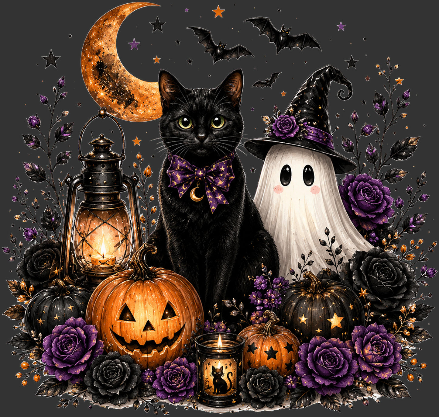 Halloween illustration featuring a black cat wearing a purple patterned bow tie, a white ghost with a pointed witch hat, jack-o'-lanterns, purple and black roses, a lantern, and a crescent moon on a dark gray background.