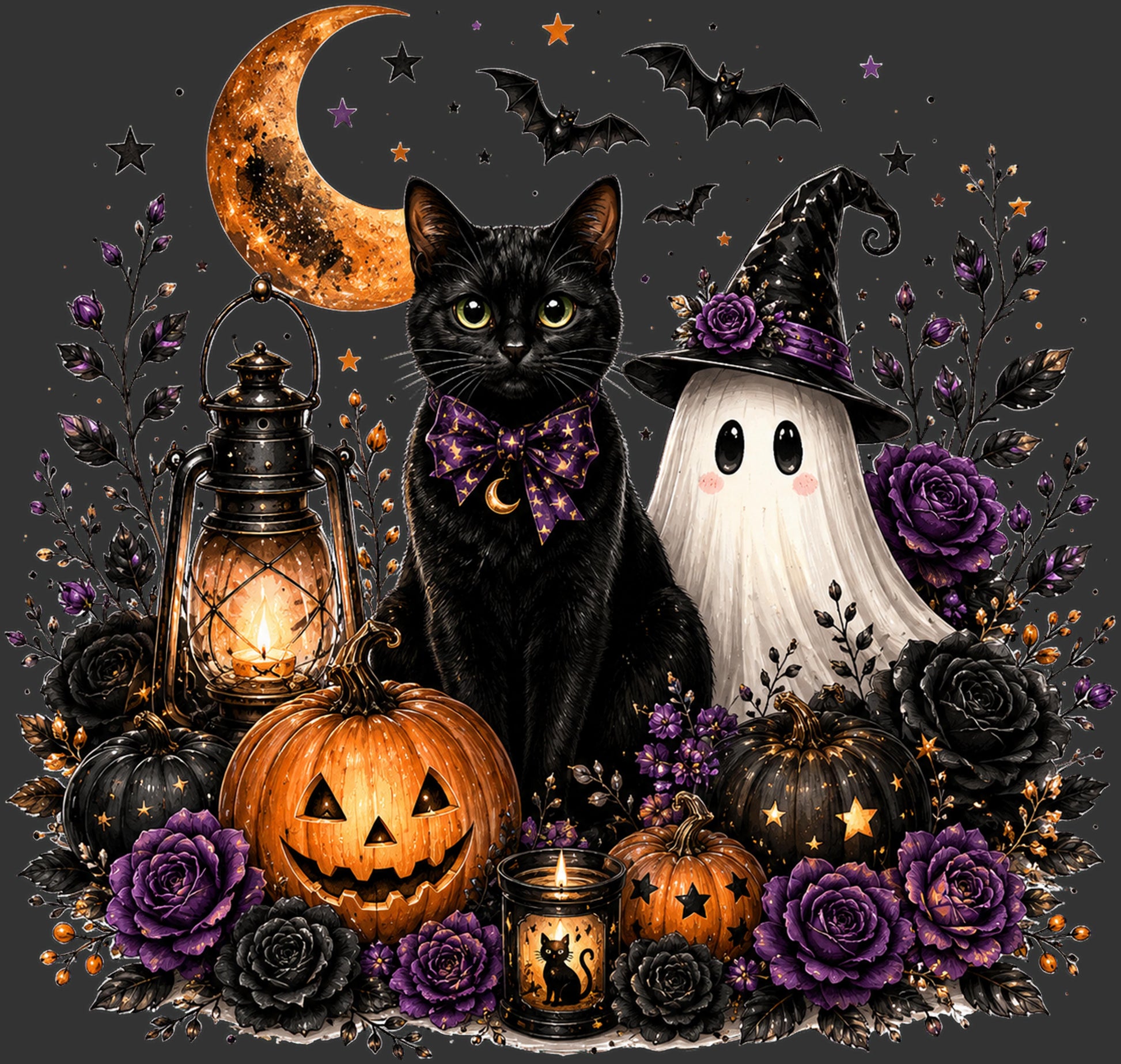 Halloween illustration featuring a black cat wearing a purple patterned bow tie, a white ghost with a pointed witch hat, jack-o'-lanterns, purple and black roses, a lantern, and a crescent moon on a dark gray background.