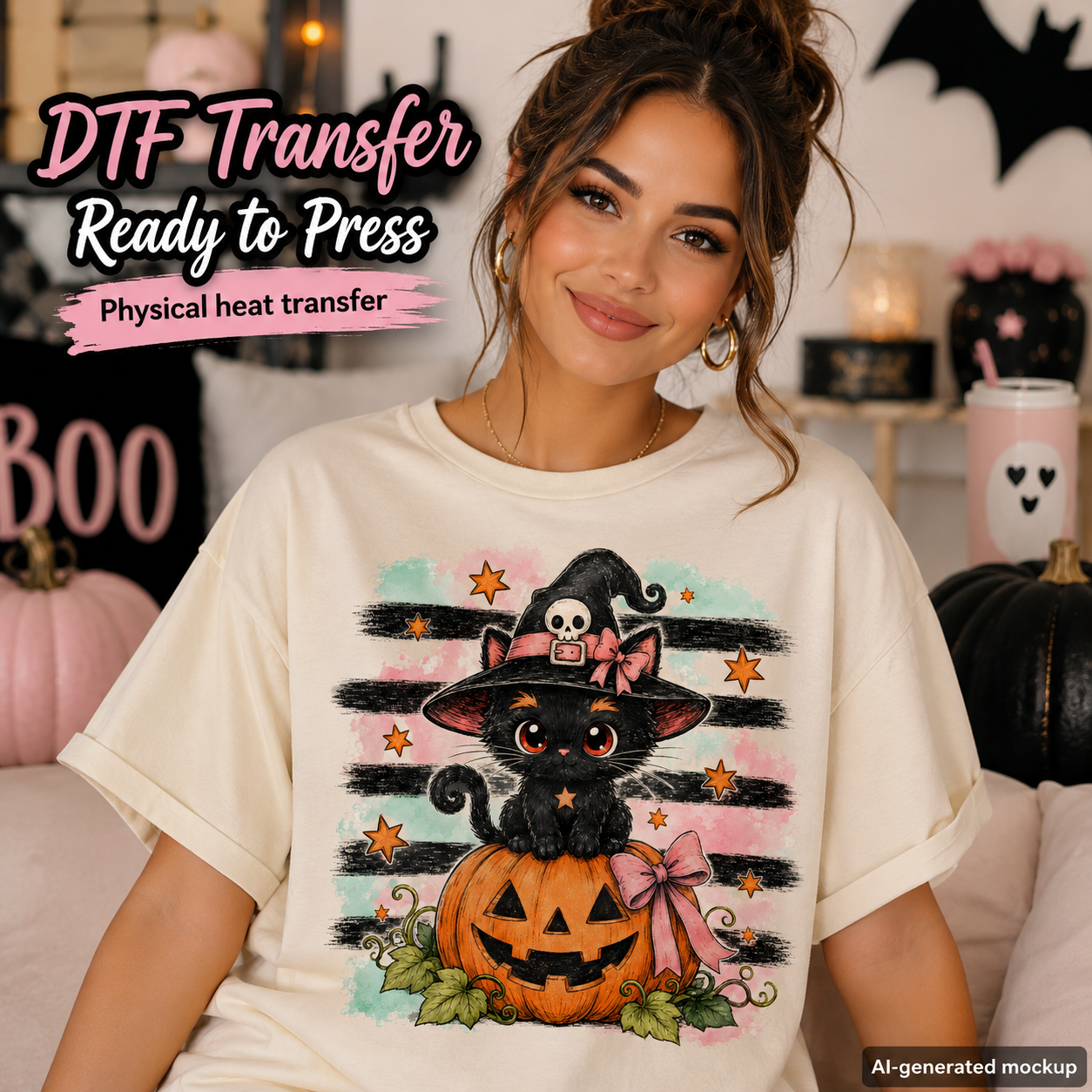 A woman wearing a cream-colored t-shirt with a colorful graphic of a black cat in a witch hat sitting on a jack-o'-lantern. The image includes text overlays reading 'DTF Transfer Ready to Press' and 'Physical heat transfer' along with 'AI-generated mockup' in the bottom right corner.