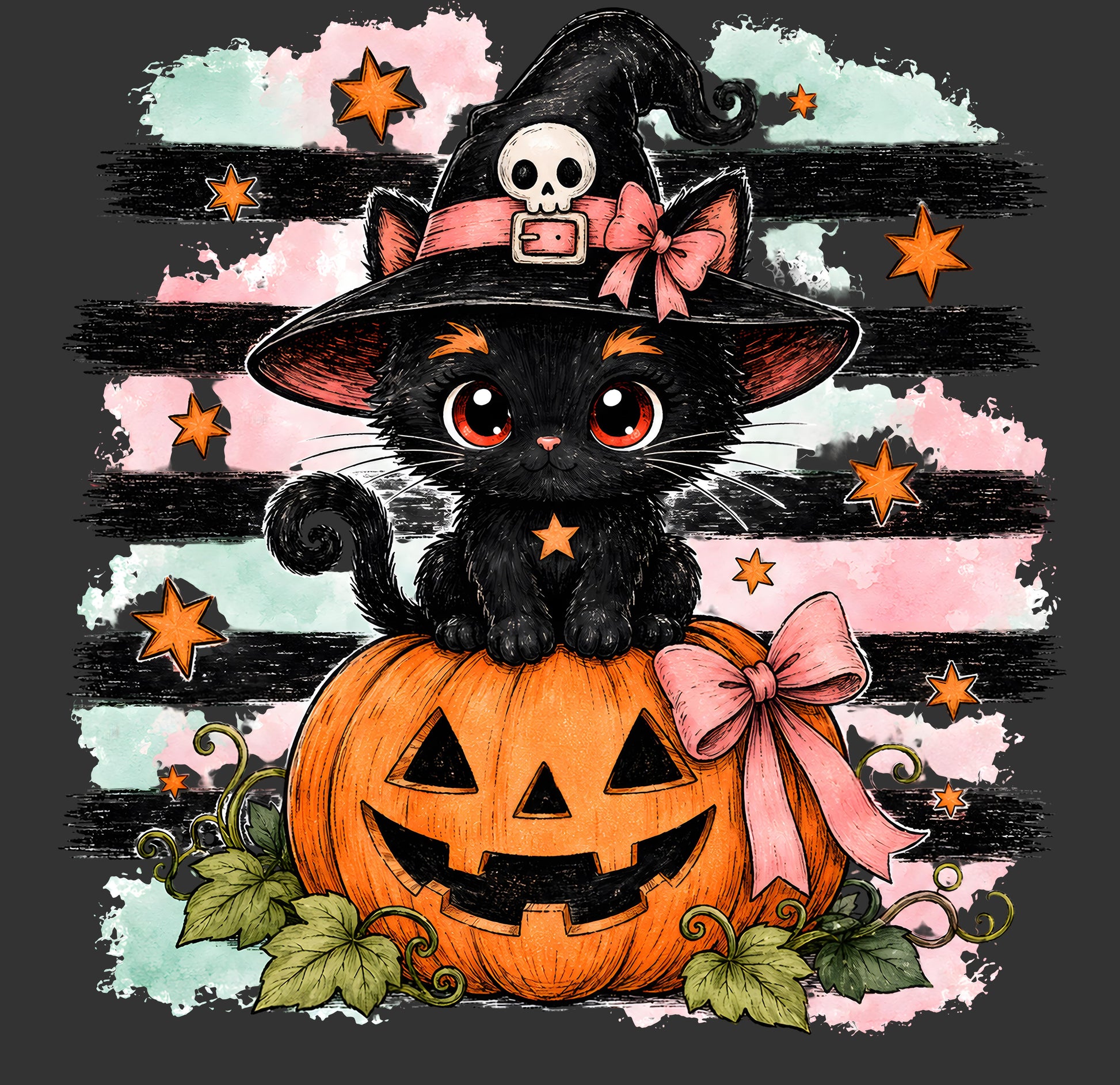 A cute Halloween illustration of a black cat wearing a witch hat with a pink bow and skull emblem, sitting on an orange jack-o'-lantern with green leaves and a pink ribbon. The background features black horizontal stripes over a textured light gray, mint green, and pink backdrop with scattered orange stars.