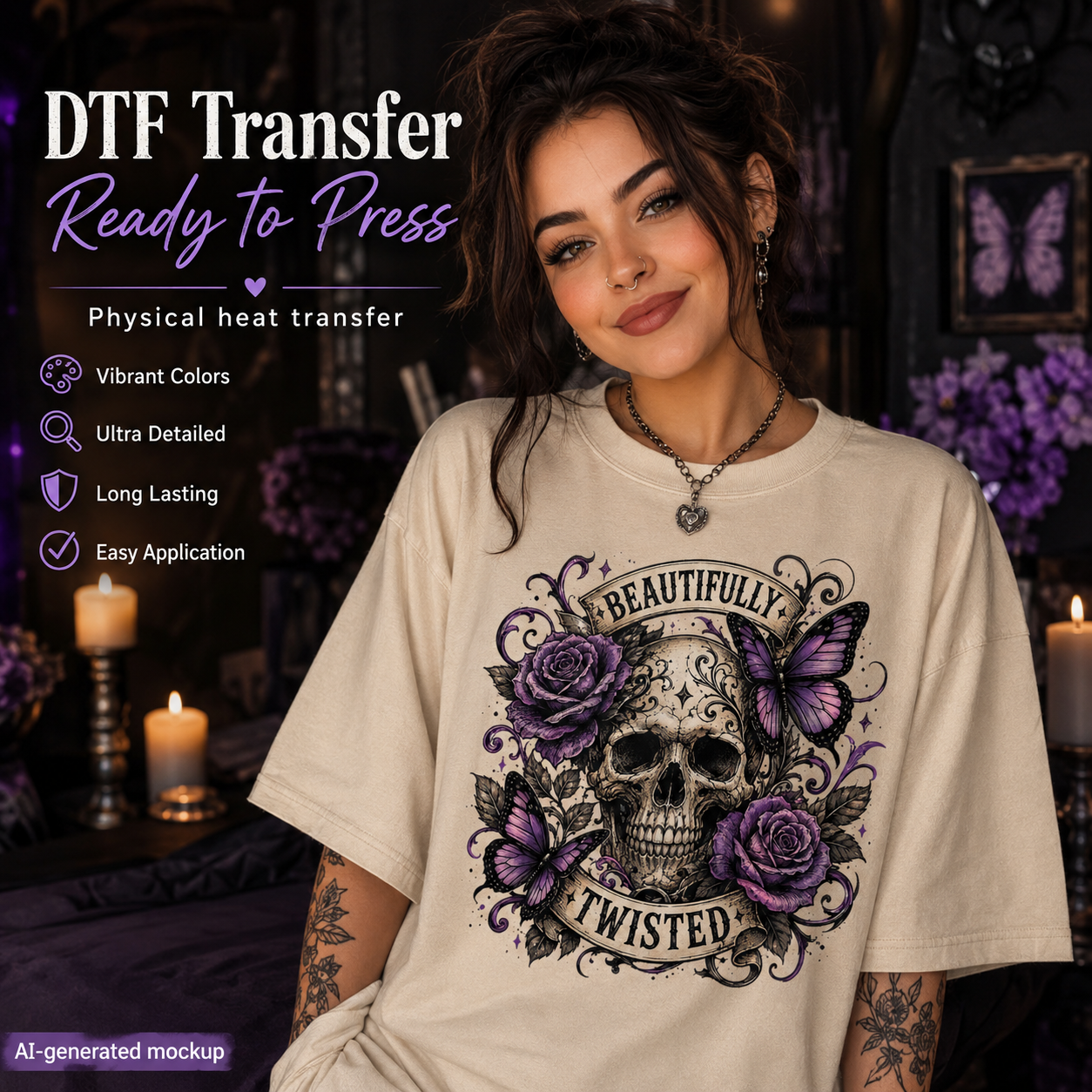 A woman wearing a cream-colored t-shirt with a detailed graphic print of a skull, purple roses, and butterflies with the text 'BEAUTIFULLY TWISTED'. The background is a dimly lit, moody room with candles and purple flowers.