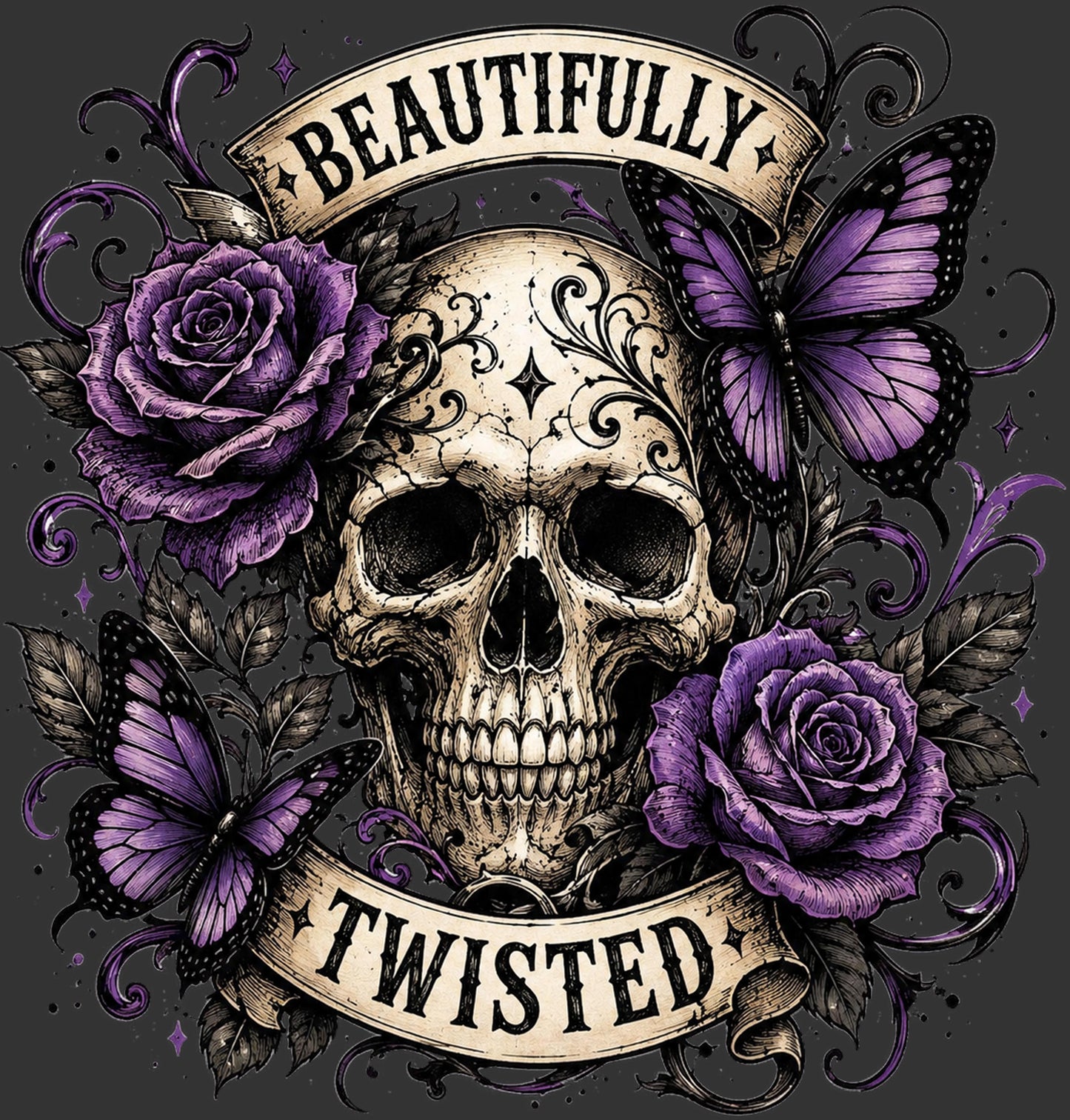 Gothic graphic design featuring a central human skull surrounded by purple roses and butterflies, with cream banners reading 'BEAUTIFULLY' at the top and 'TWISTED' at the bottom, on a dark gray background.