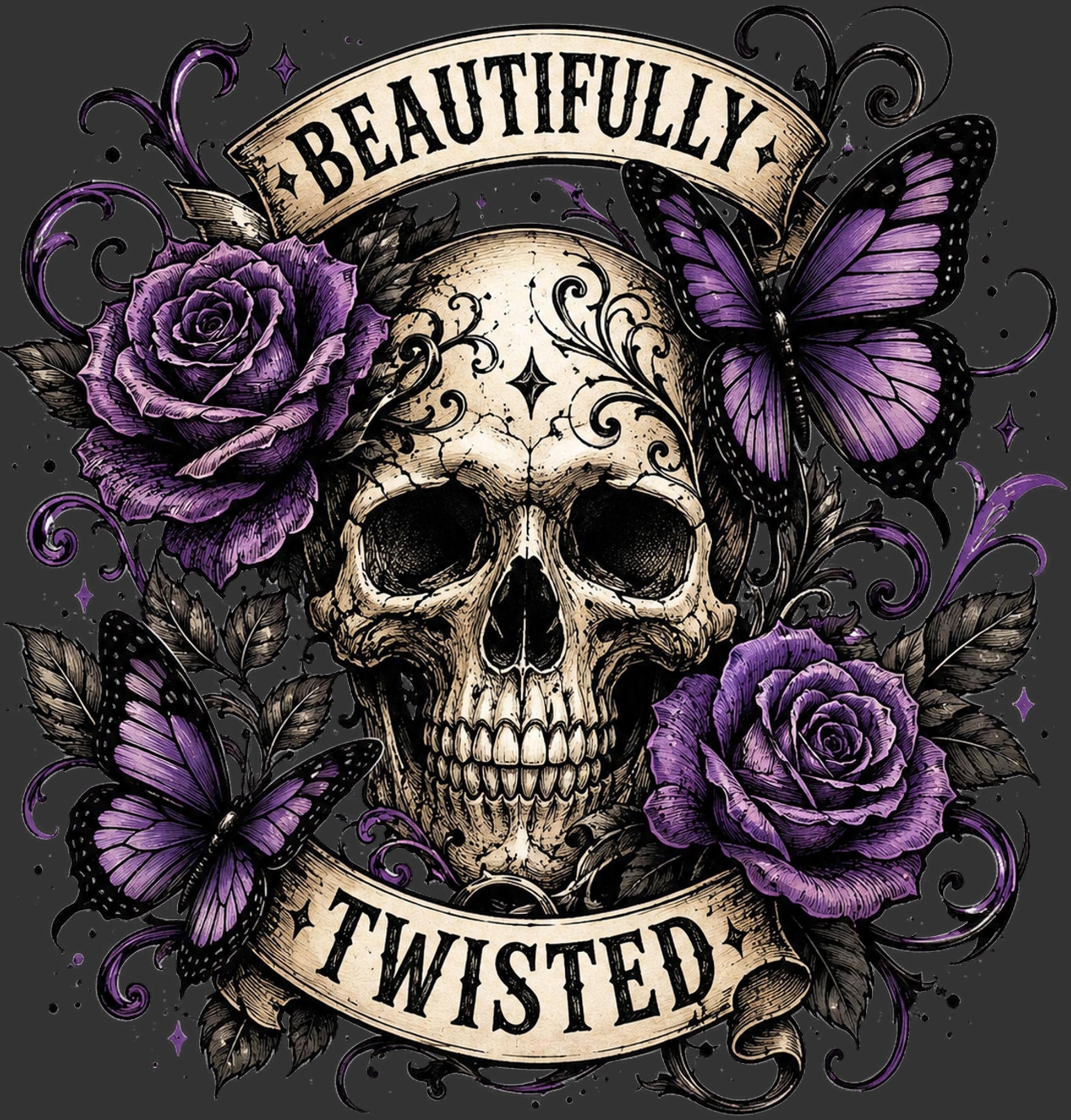 Gothic graphic design featuring a central human skull surrounded by purple roses and butterflies, with cream banners reading 'BEAUTIFULLY' at the top and 'TWISTED' at the bottom, on a dark gray background.