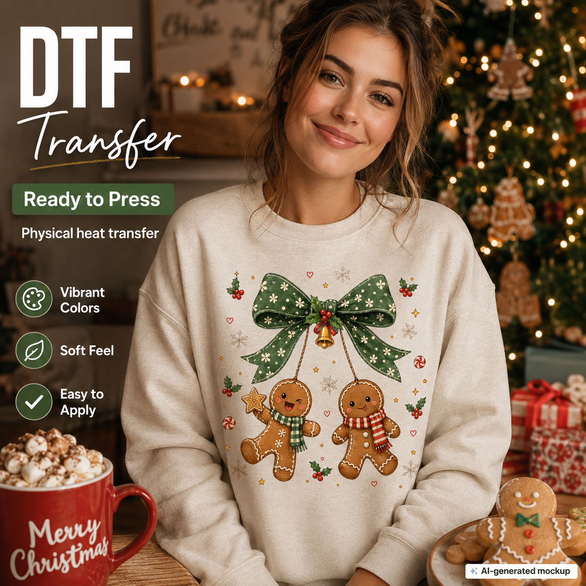 A woman wearing a cream-colored Christmas sweater with a festive gingerbread man and cookie graphic, posed in front of a decorated Christmas tree. The image includes promotional text overlays for a DTF transfer product.