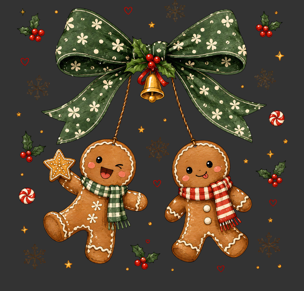 A festive Christmas illustration featuring two gingerbread cookies hanging from a large green patterned bow. One cookie winks while holding a gold star, and the other wears a red-and-white striped scarf.