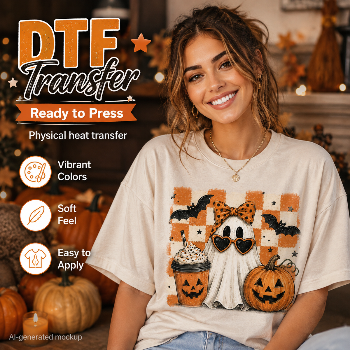 A woman wearing a Halloween-themed DTF transfer t-shirt, featuring a graphic of a ghost, jack-o'-lantern, and bats on a checkered background. The image includes promotional text for 'DTF Transfer' and icons highlighting key features like vibrant colors, soft feel, and easy application.
